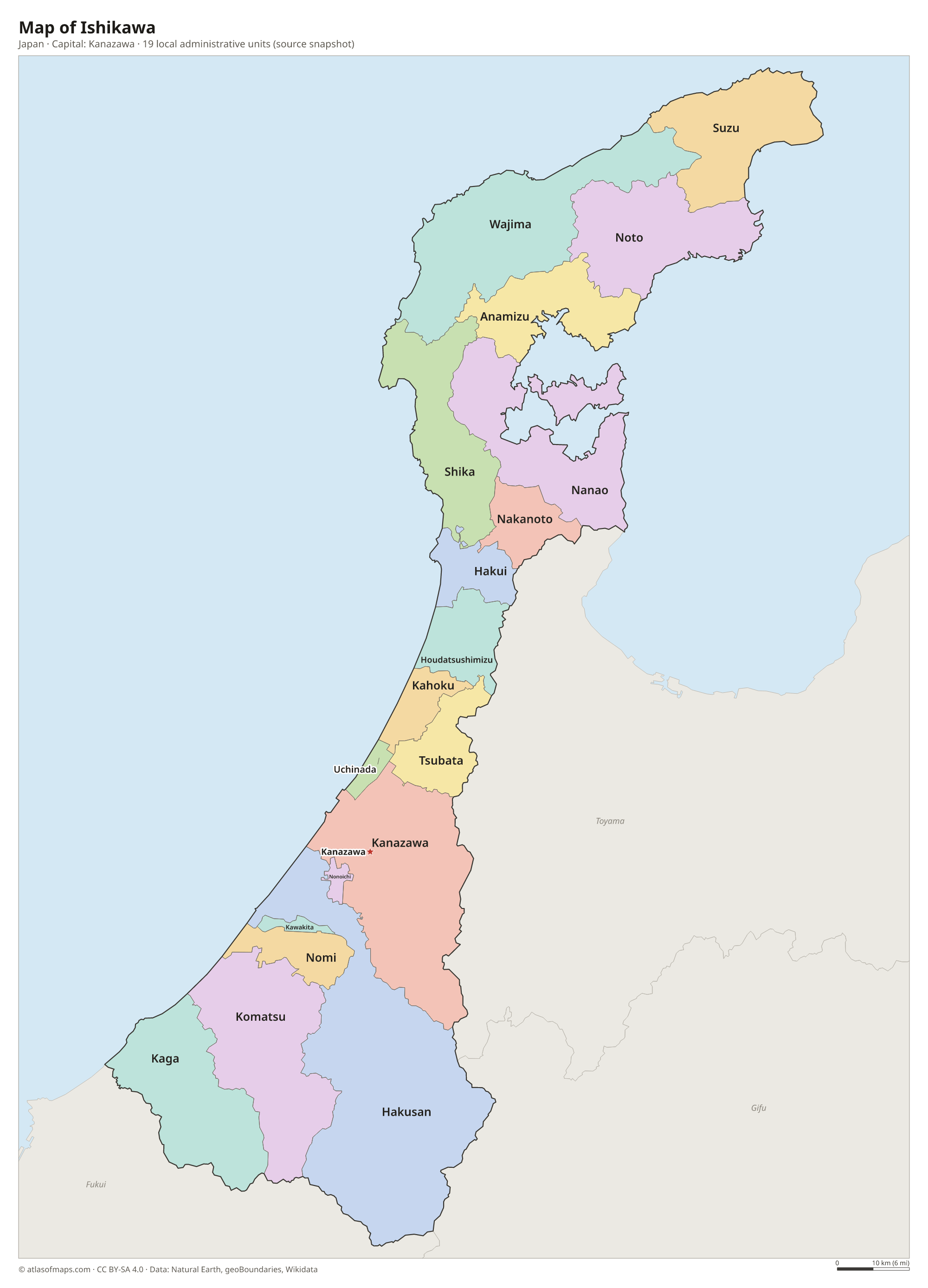 Map of Ishikawa with the capital Kanazawa, cities and local administrative units