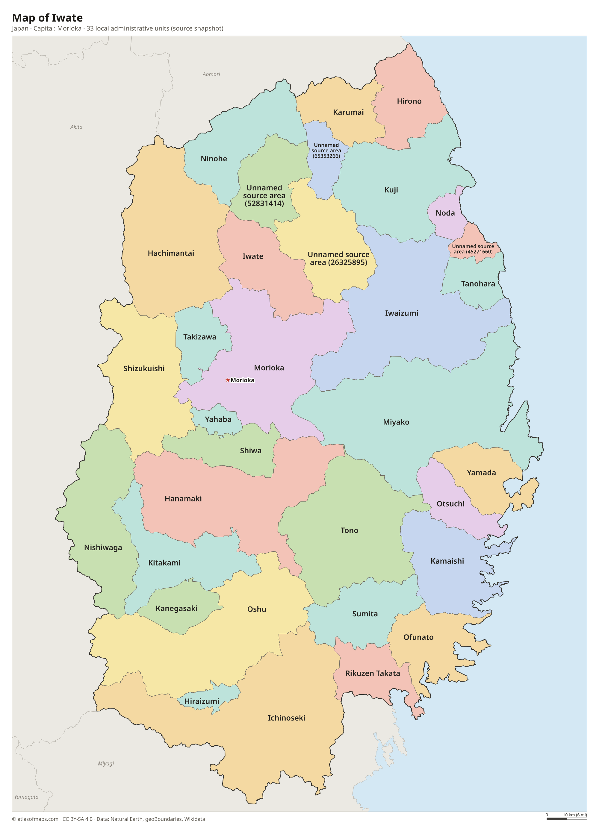 Map of Iwate with the capital Morioka, cities and local administrative units