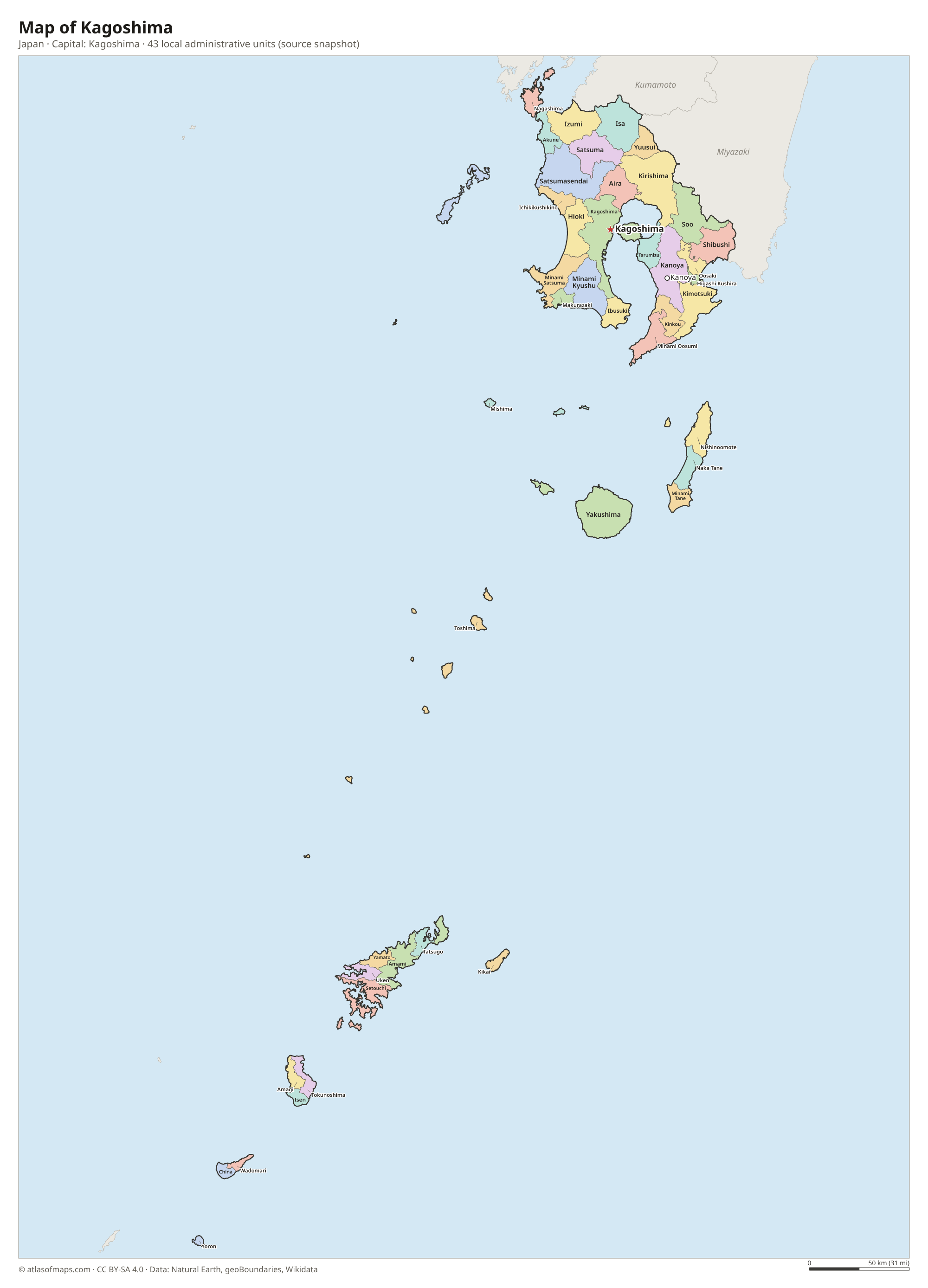 Map of Kagoshima with the capital Kagoshima, cities and local administrative units