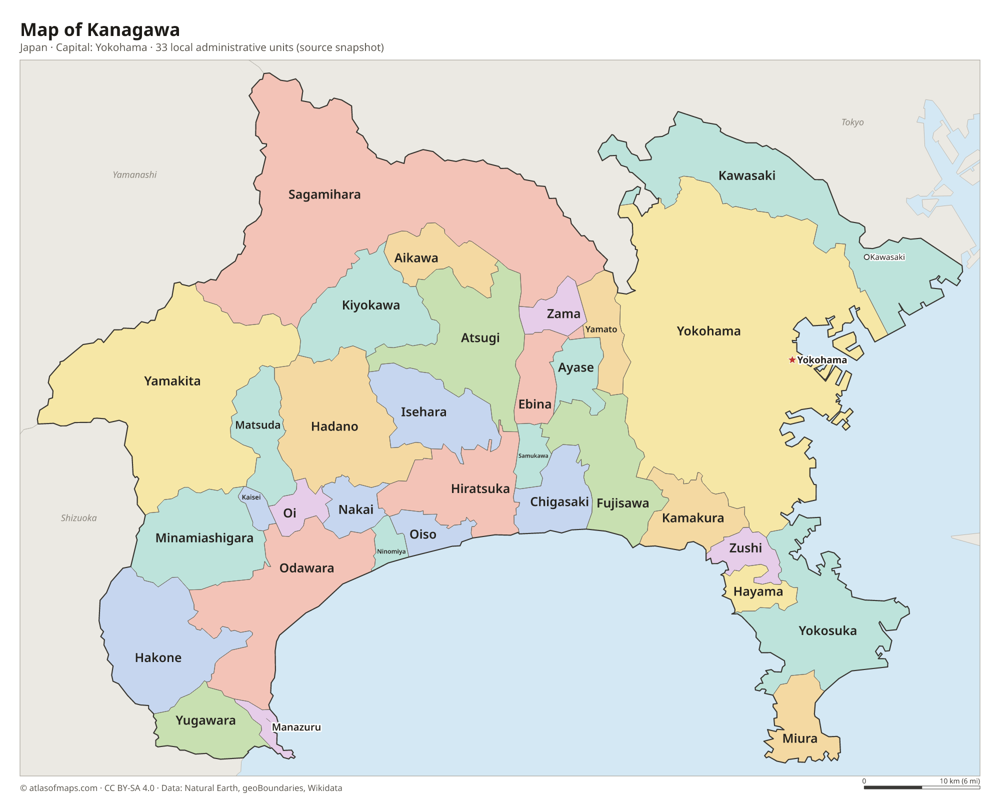 Map of Kanagawa with the capital Yokohama, cities and local administrative units