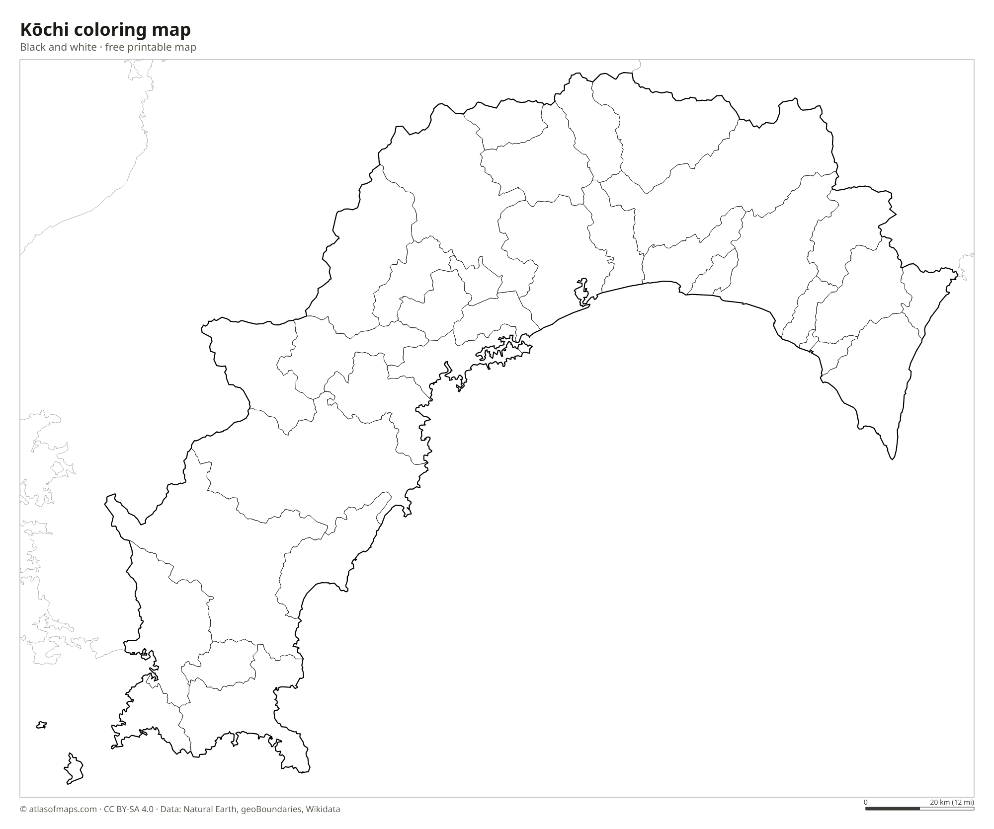 Black-and-white coloring map of Kōchi