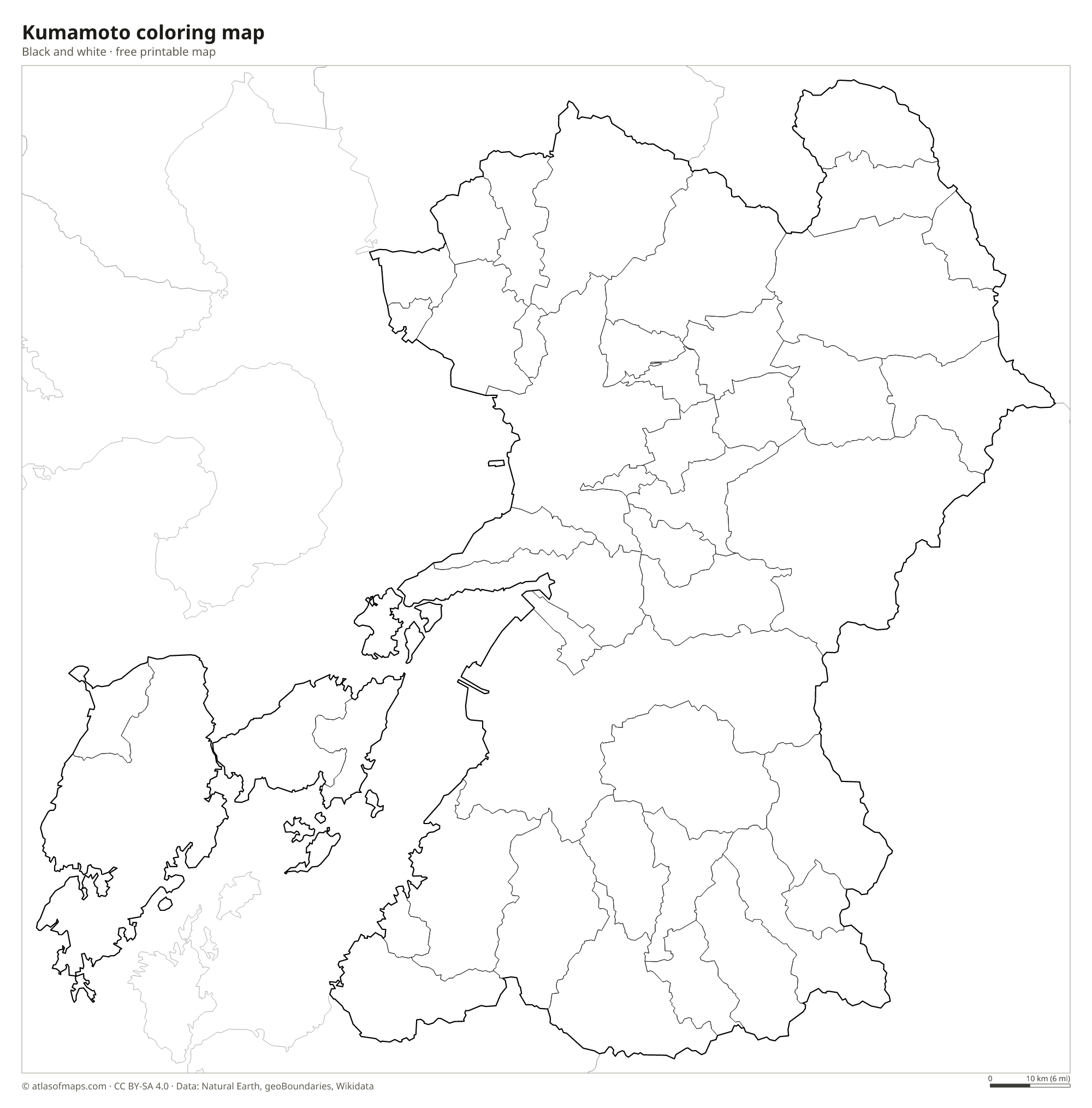 Black-and-white coloring map of Kumamoto
