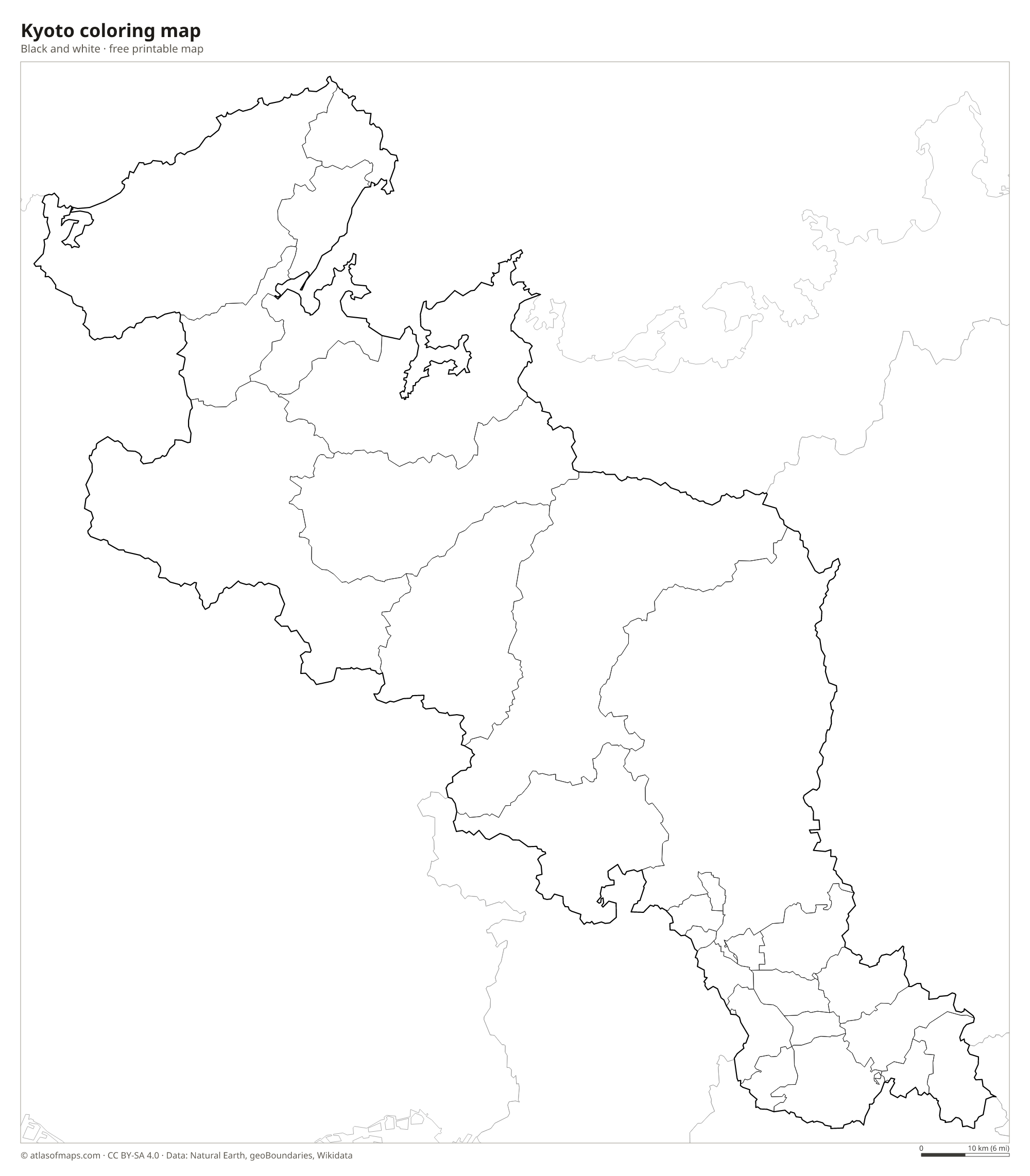 Black-and-white coloring map of Kyoto