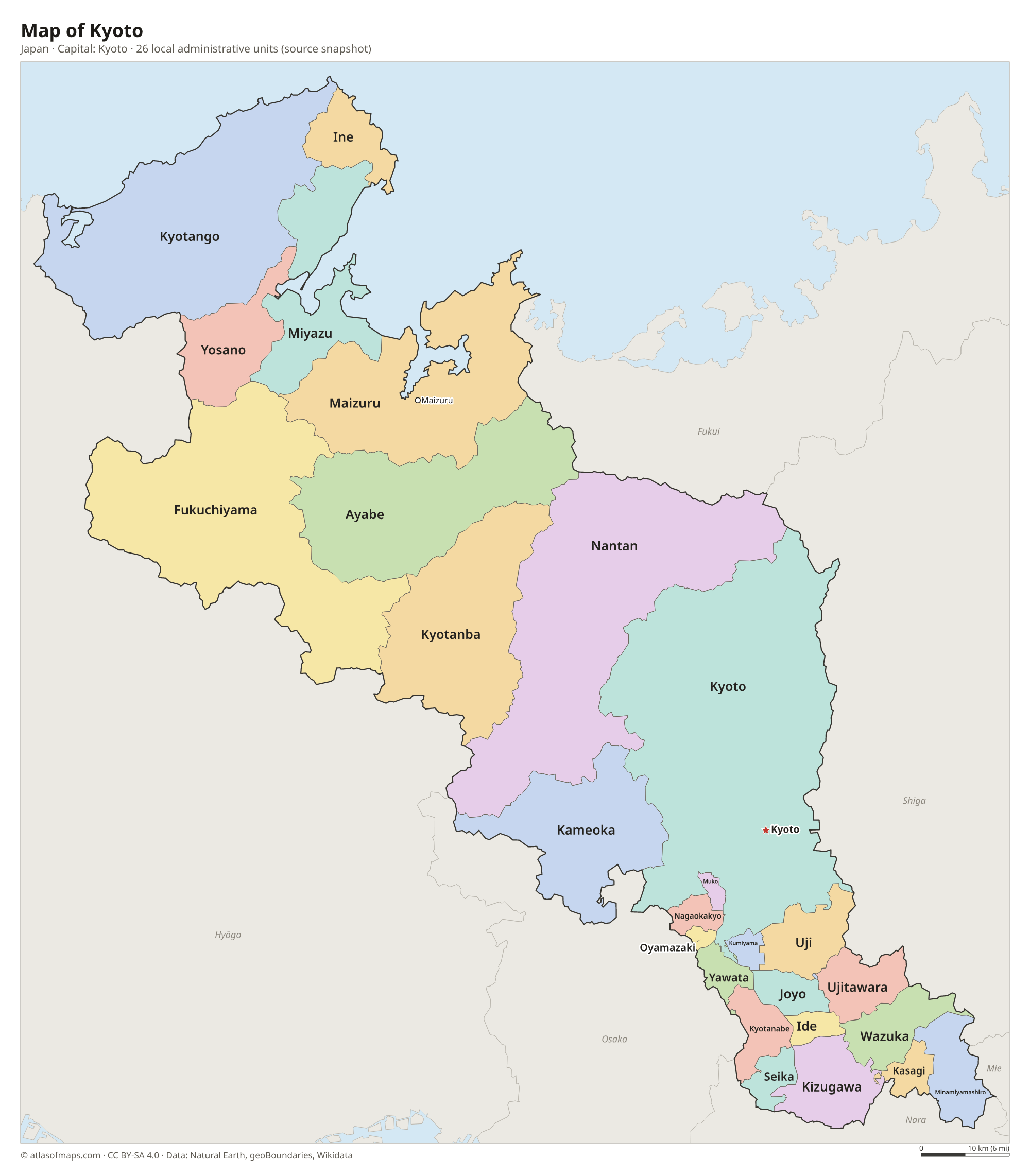 Map of Kyoto with the capital Kyoto, cities and local administrative units