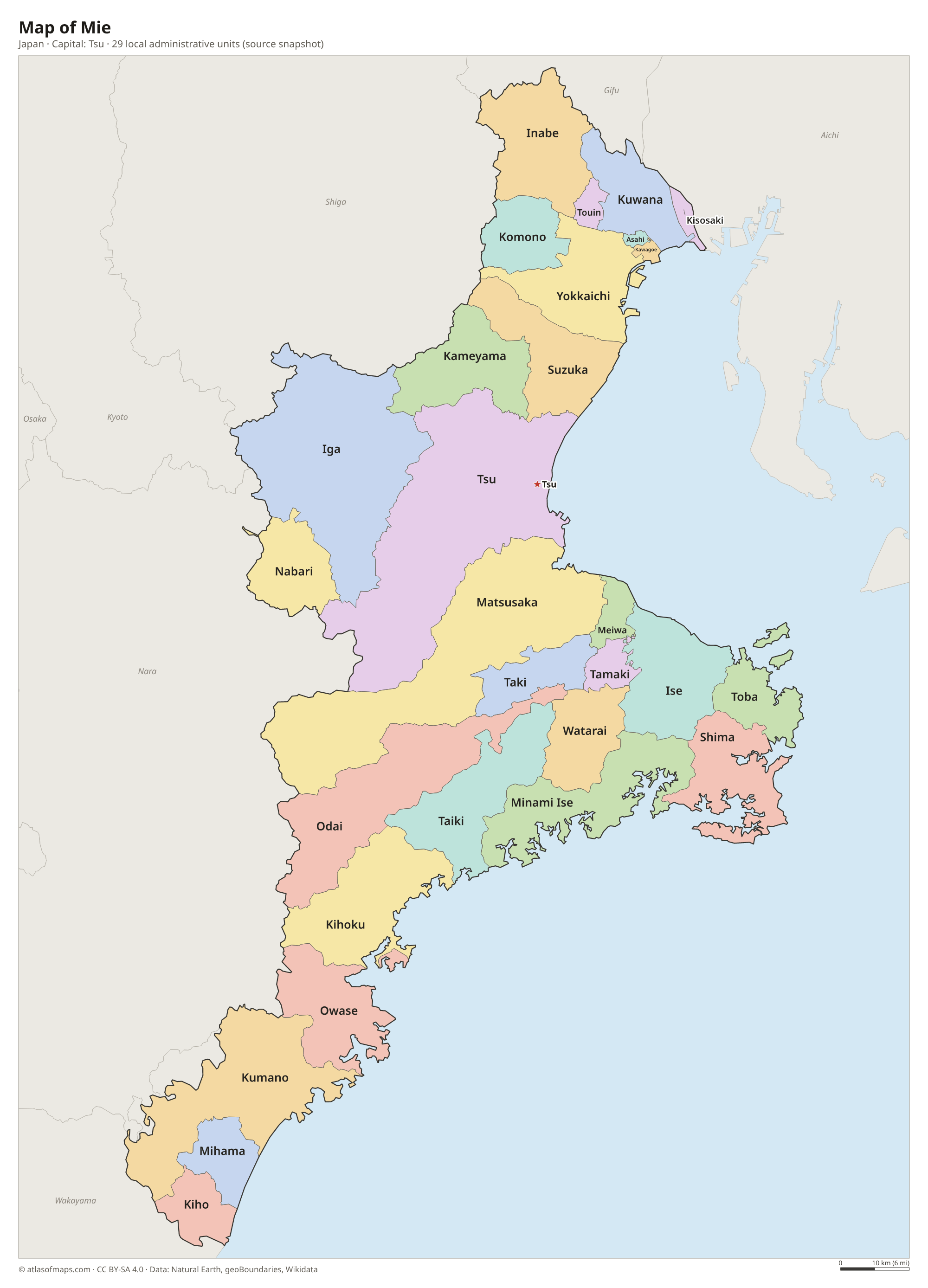 Map of Mie with the capital Tsu, cities and local administrative units