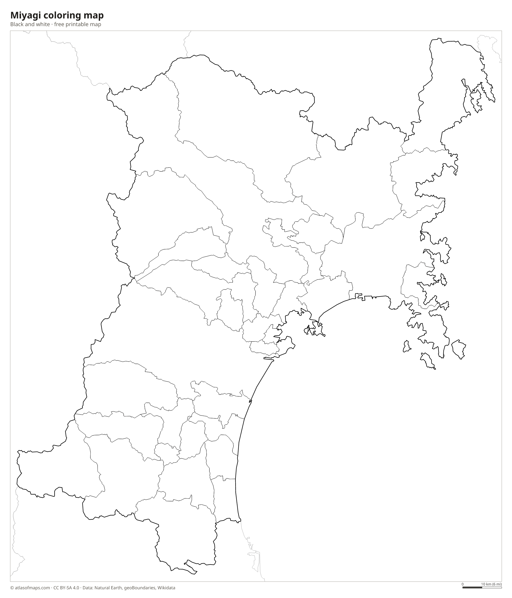 Black-and-white coloring map of Miyagi