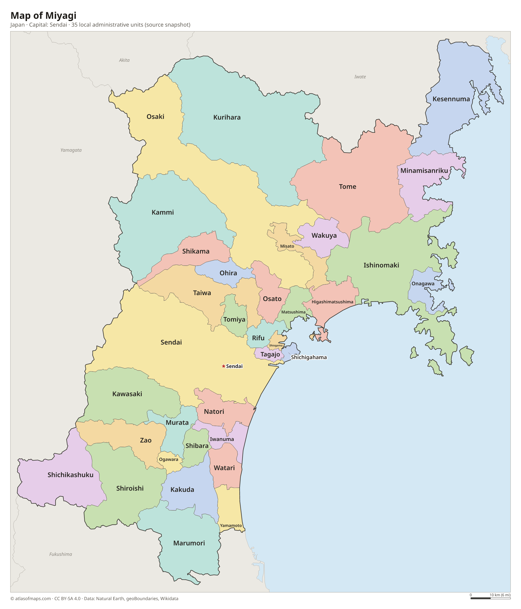Map of Miyagi with the capital Sendai, cities and local administrative units