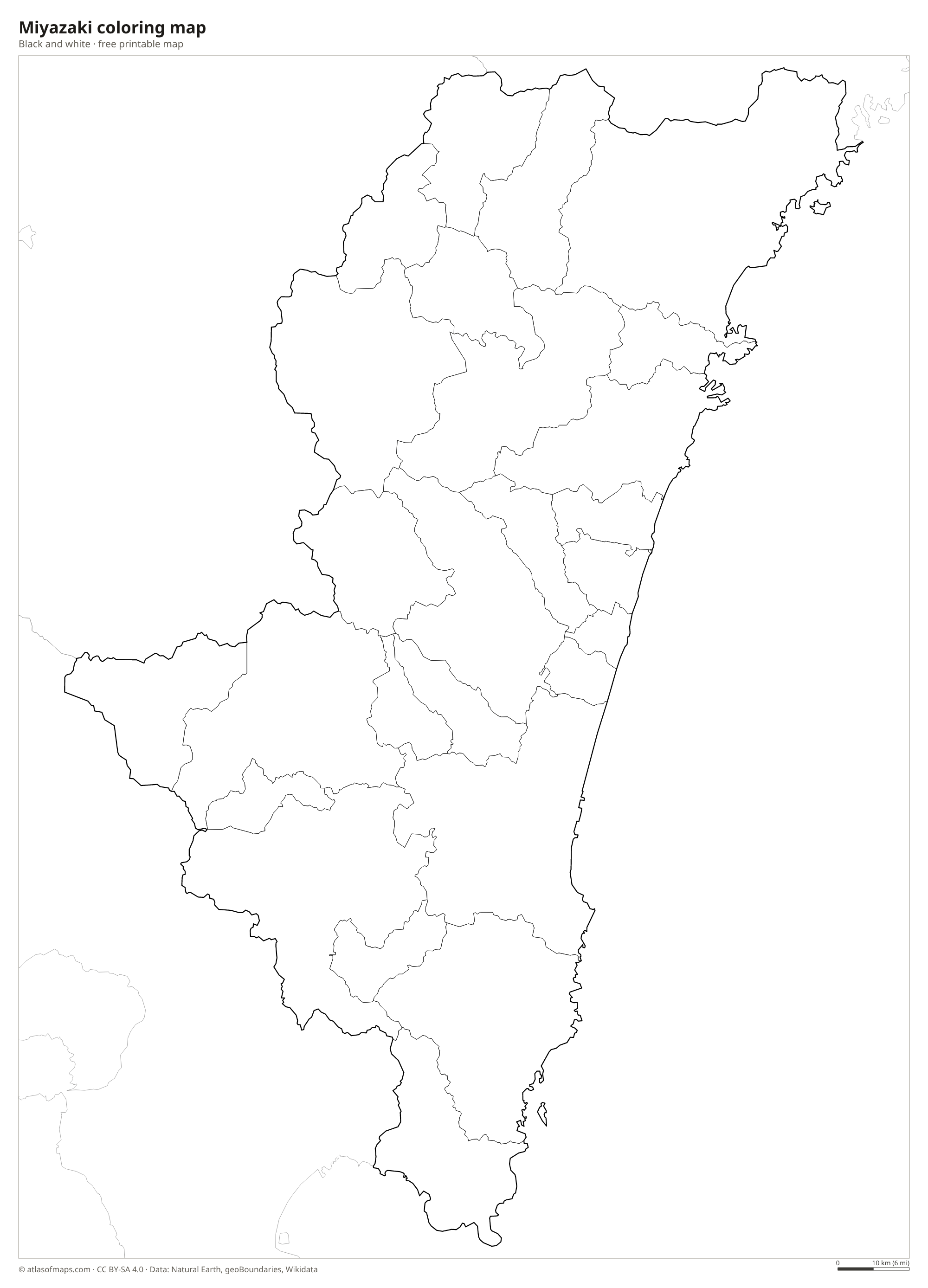 Black-and-white coloring map of Miyazaki