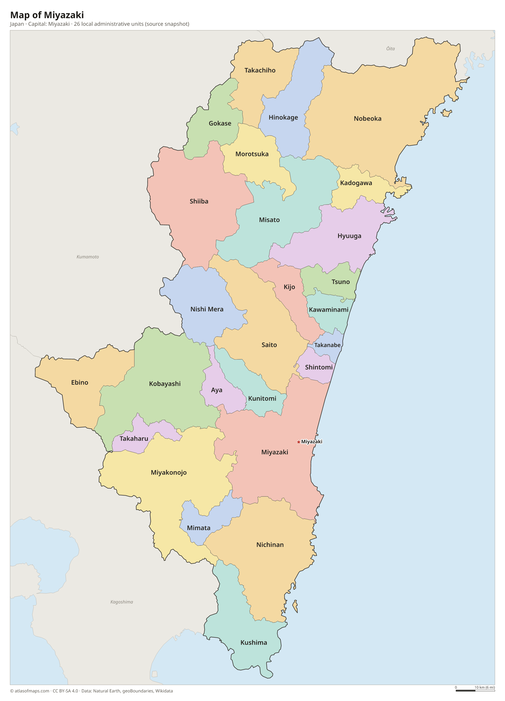 Map of Miyazaki with the capital Miyazaki, cities and local administrative units