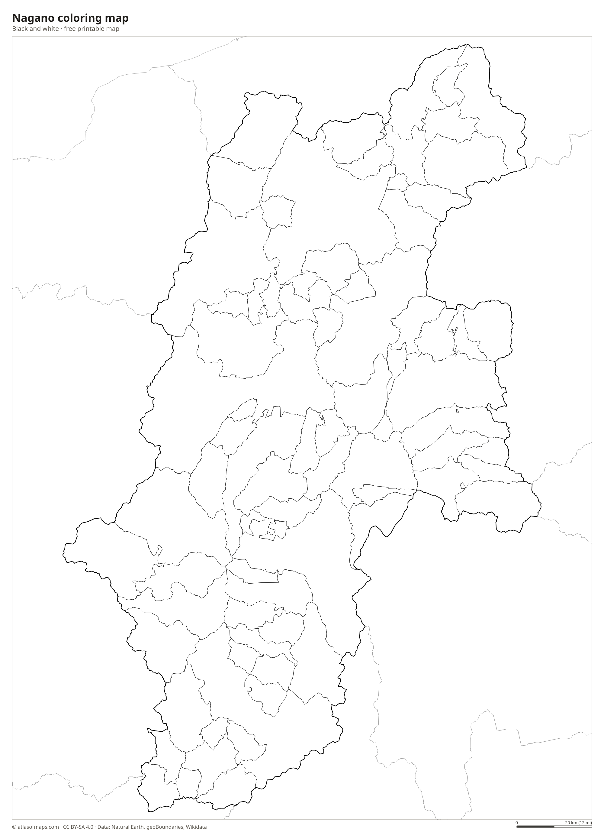 Black-and-white coloring map of Nagano