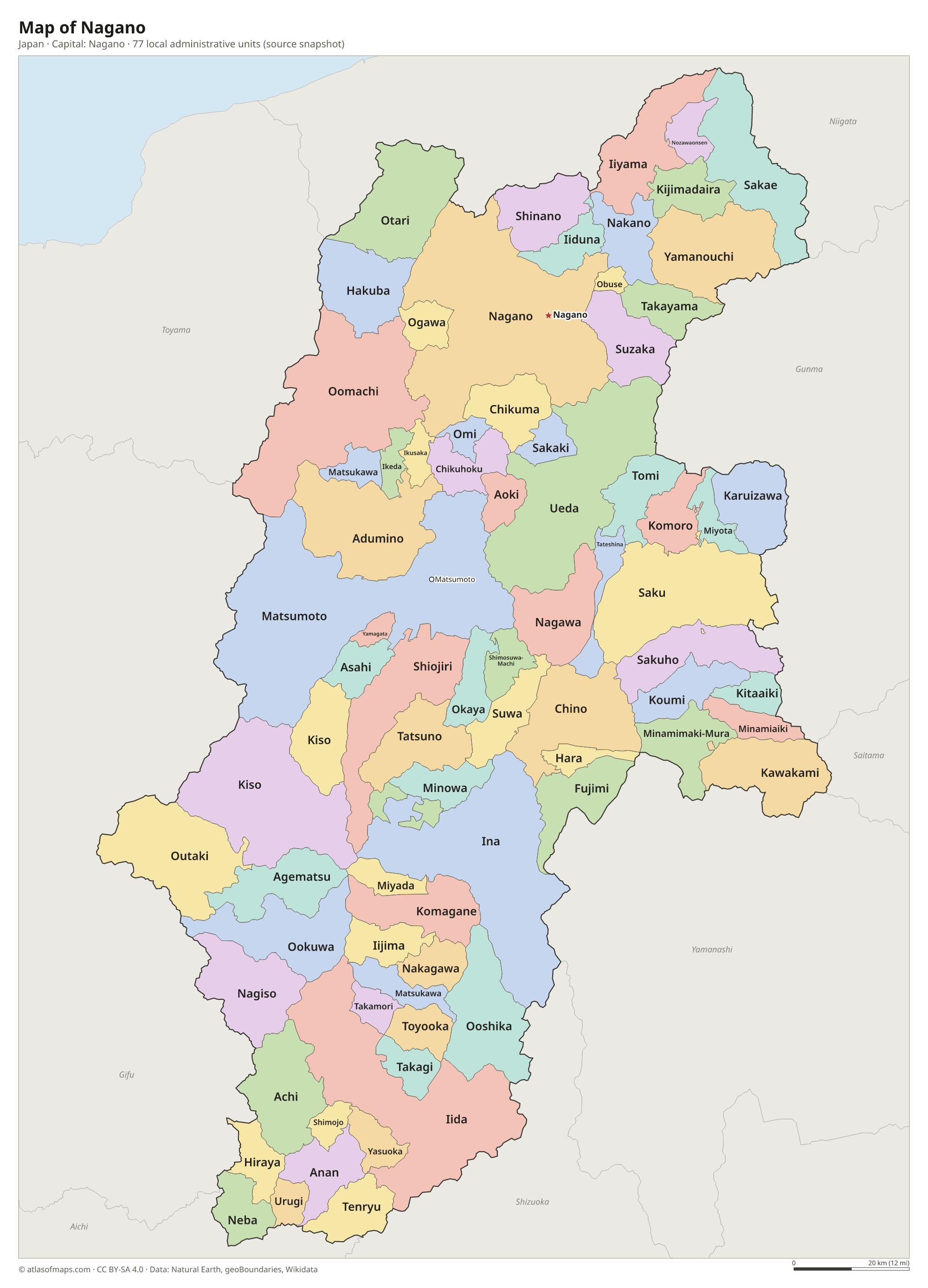 Map of Nagano with the capital Nagano, cities and local administrative units