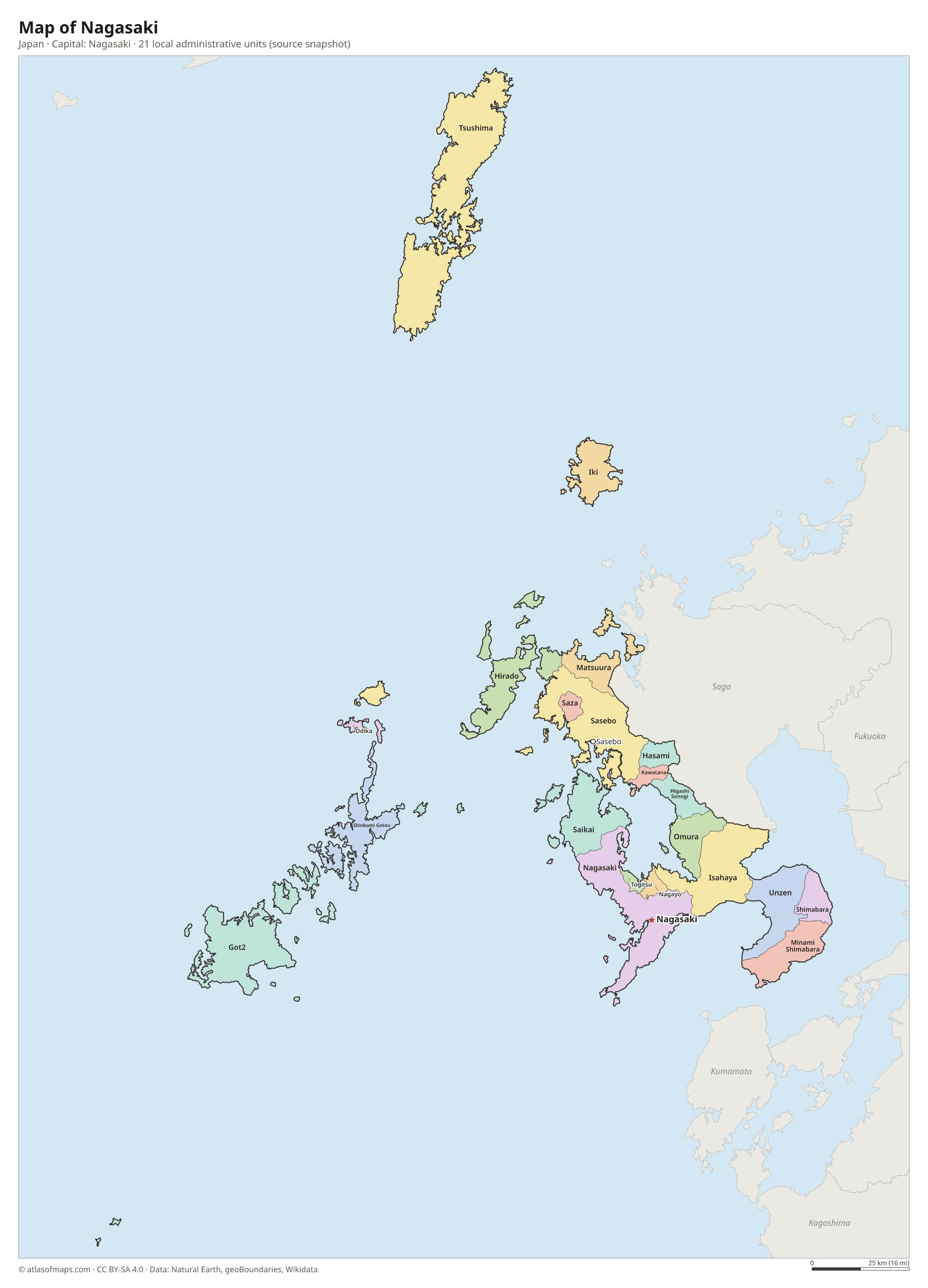 Map of Nagasaki with the capital Nagasaki, cities and local administrative units