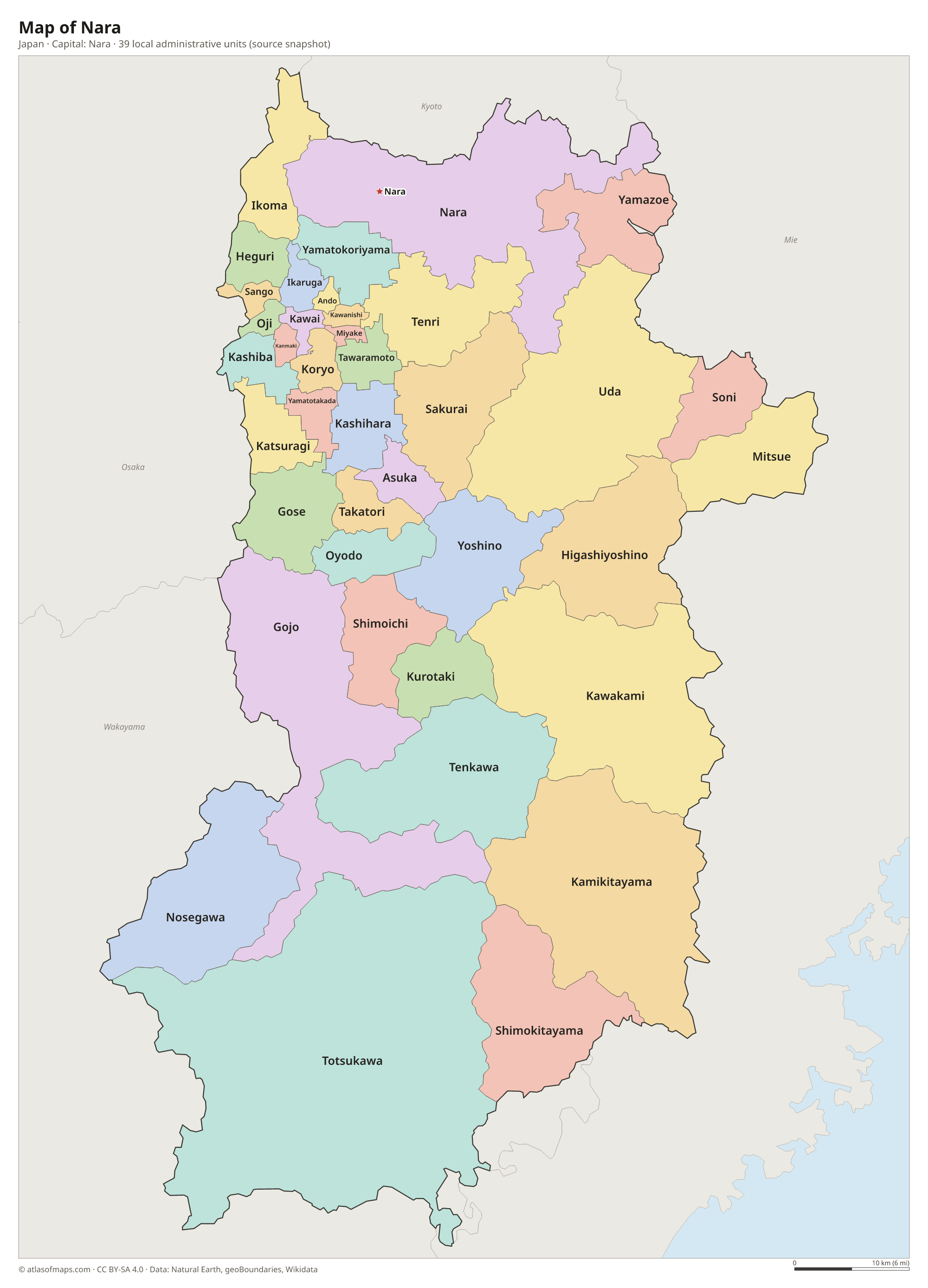 Map of Nara with the capital Nara, cities and local administrative units