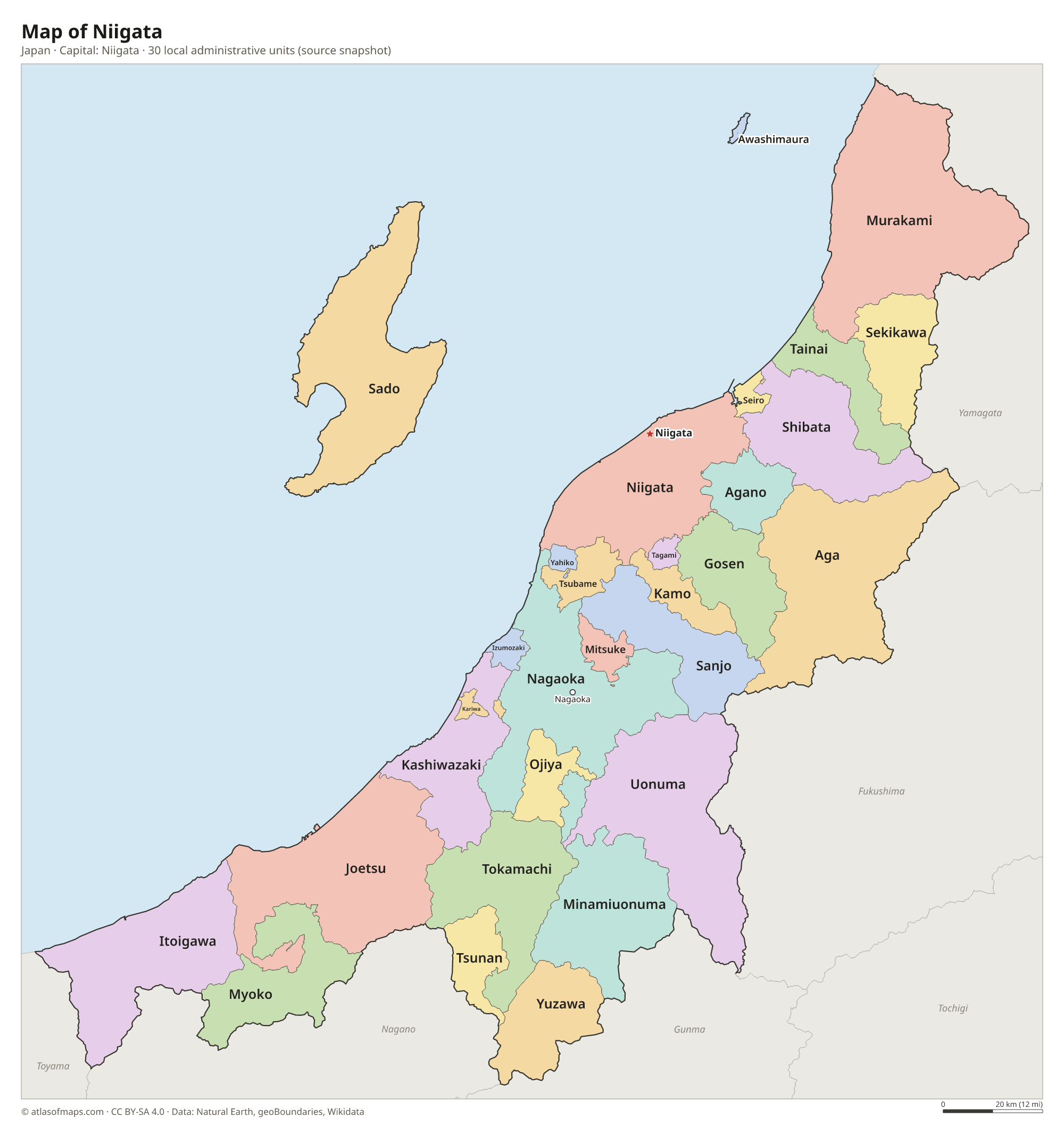Map of Niigata with the capital Niigata, cities and local administrative units