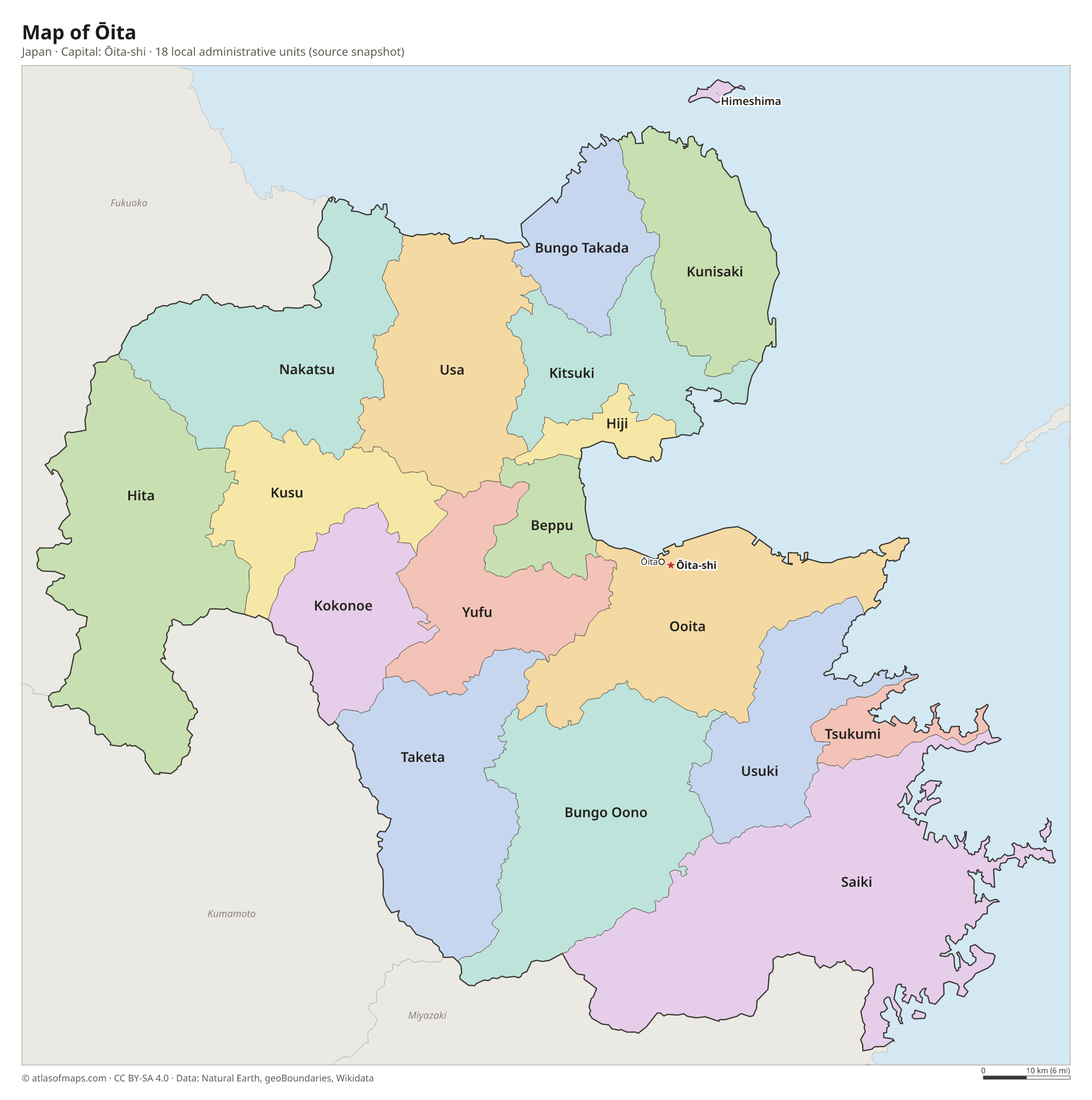 Map of Ōita with the capital Ōita-shi, cities and local administrative units