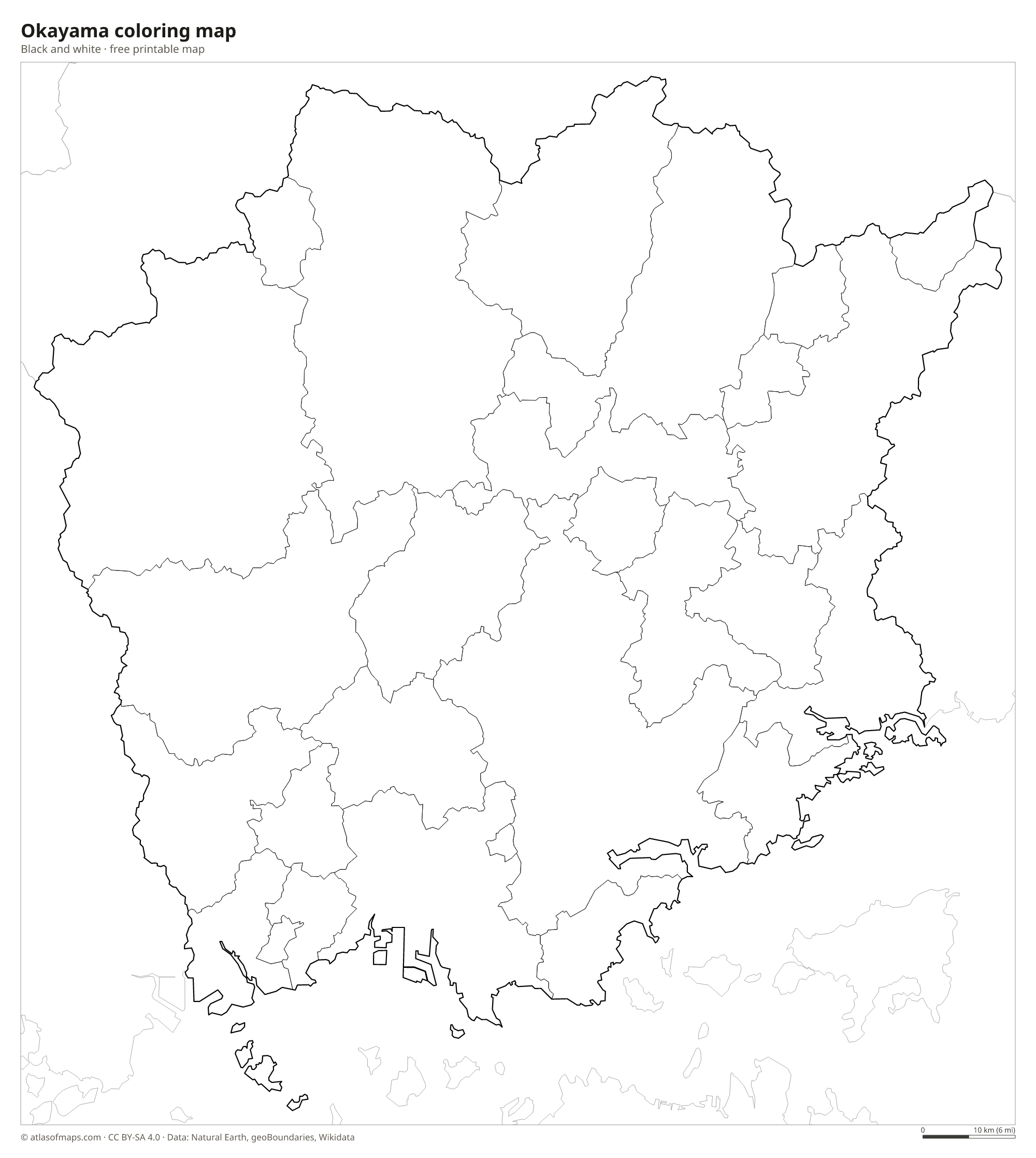 Black-and-white coloring map of Okayama