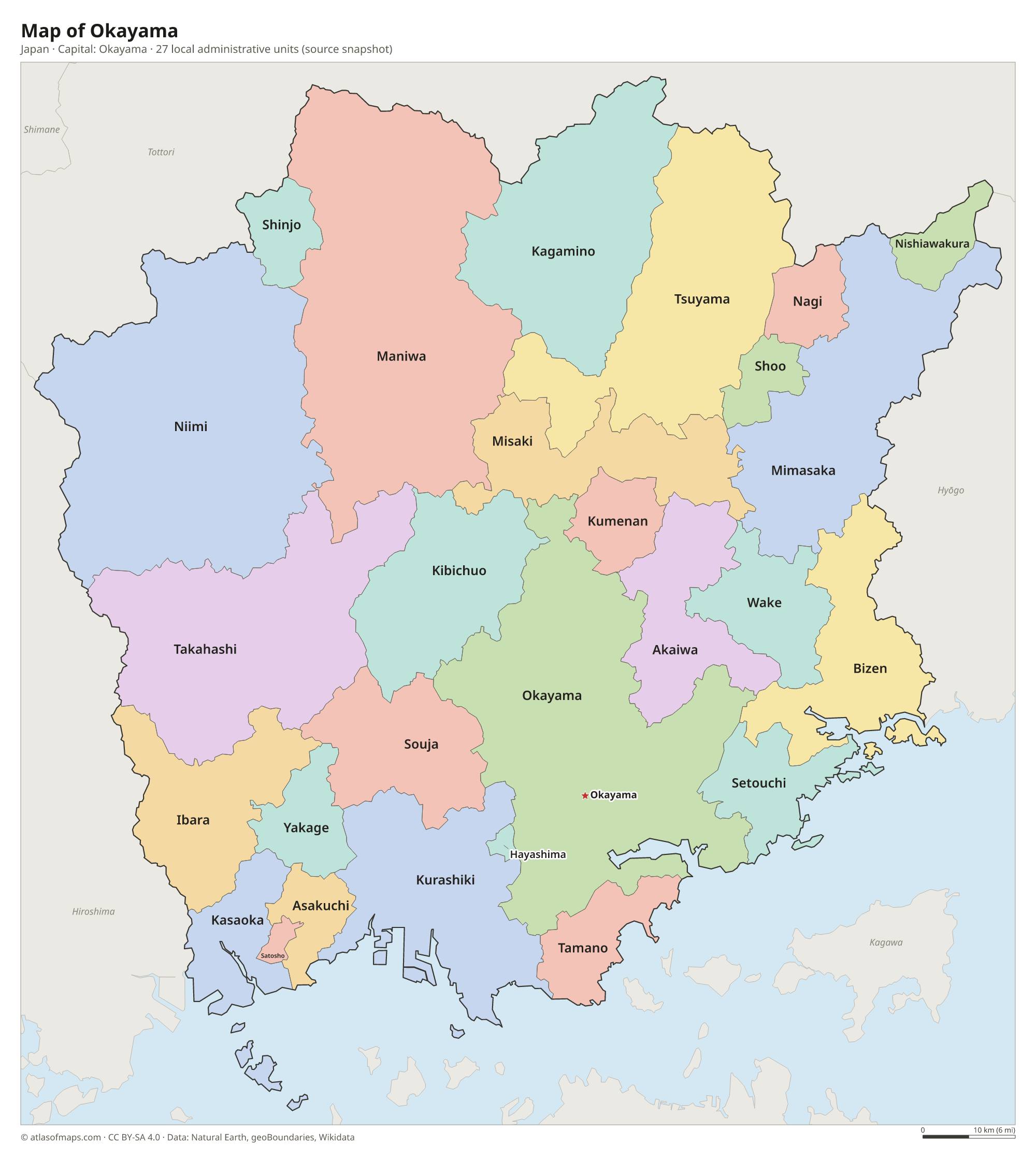 Map of Okayama with the capital Okayama, cities and local administrative units