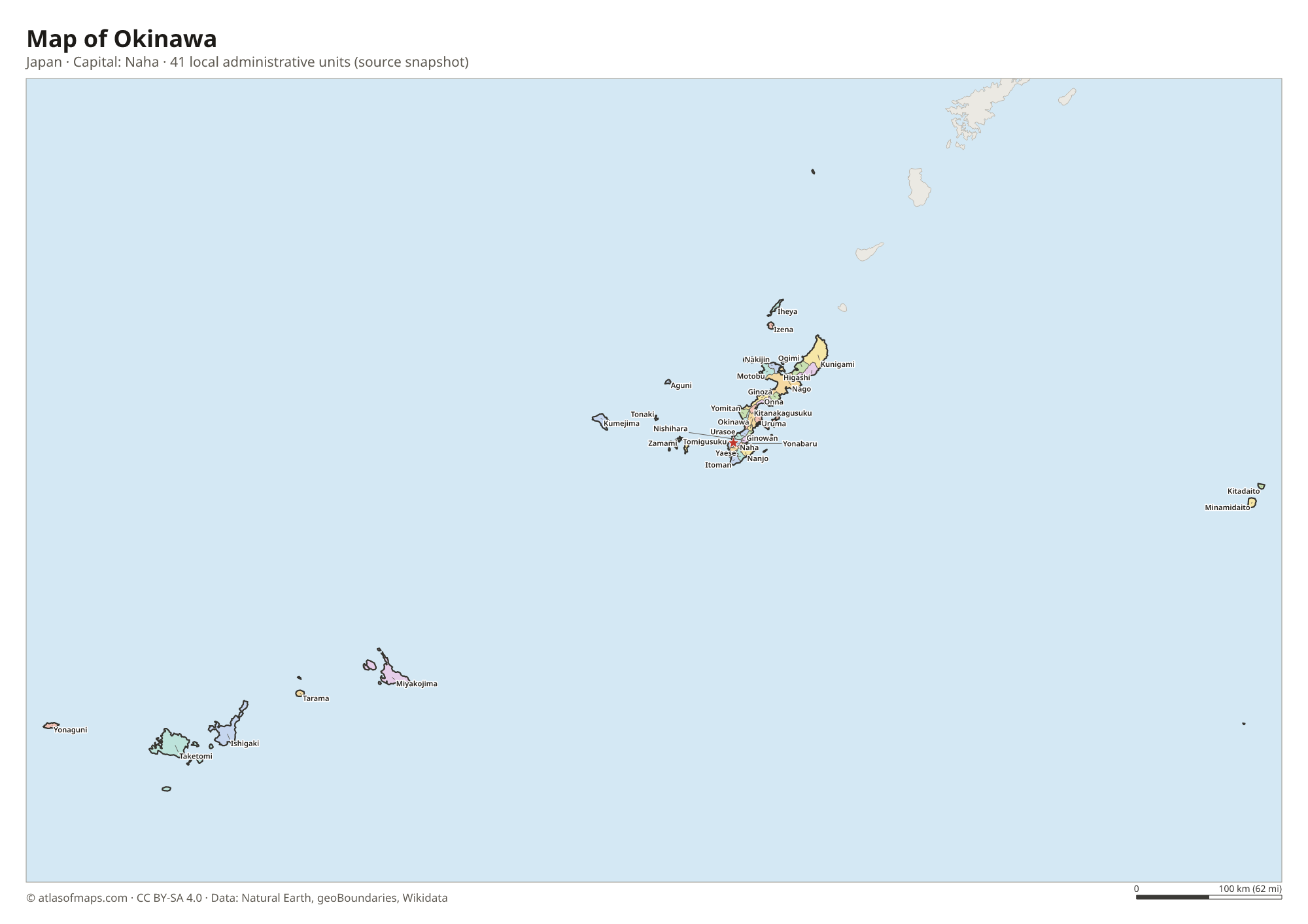 Map of Okinawa with the capital Naha, cities and local administrative units