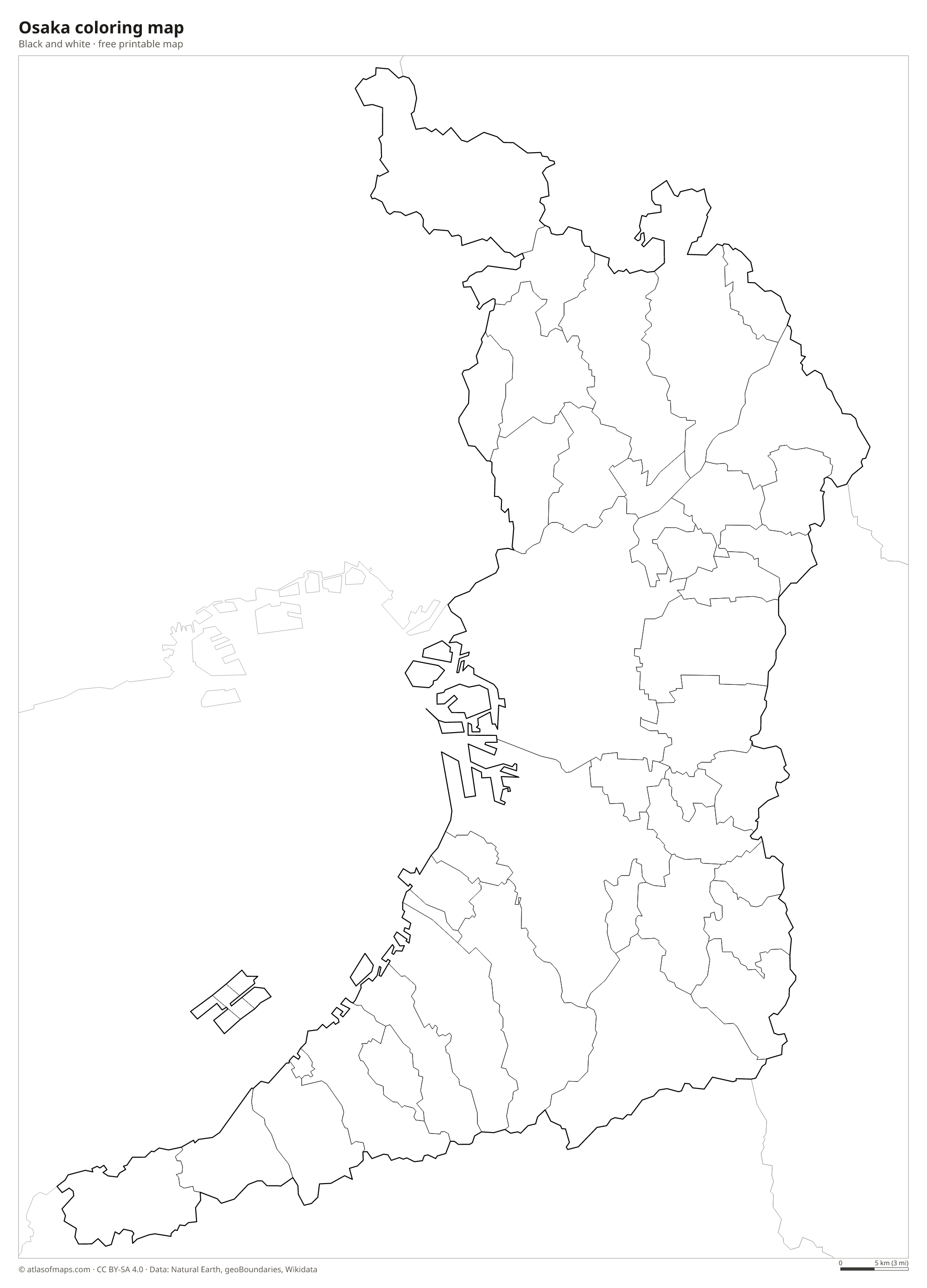 Black-and-white coloring map of Osaka