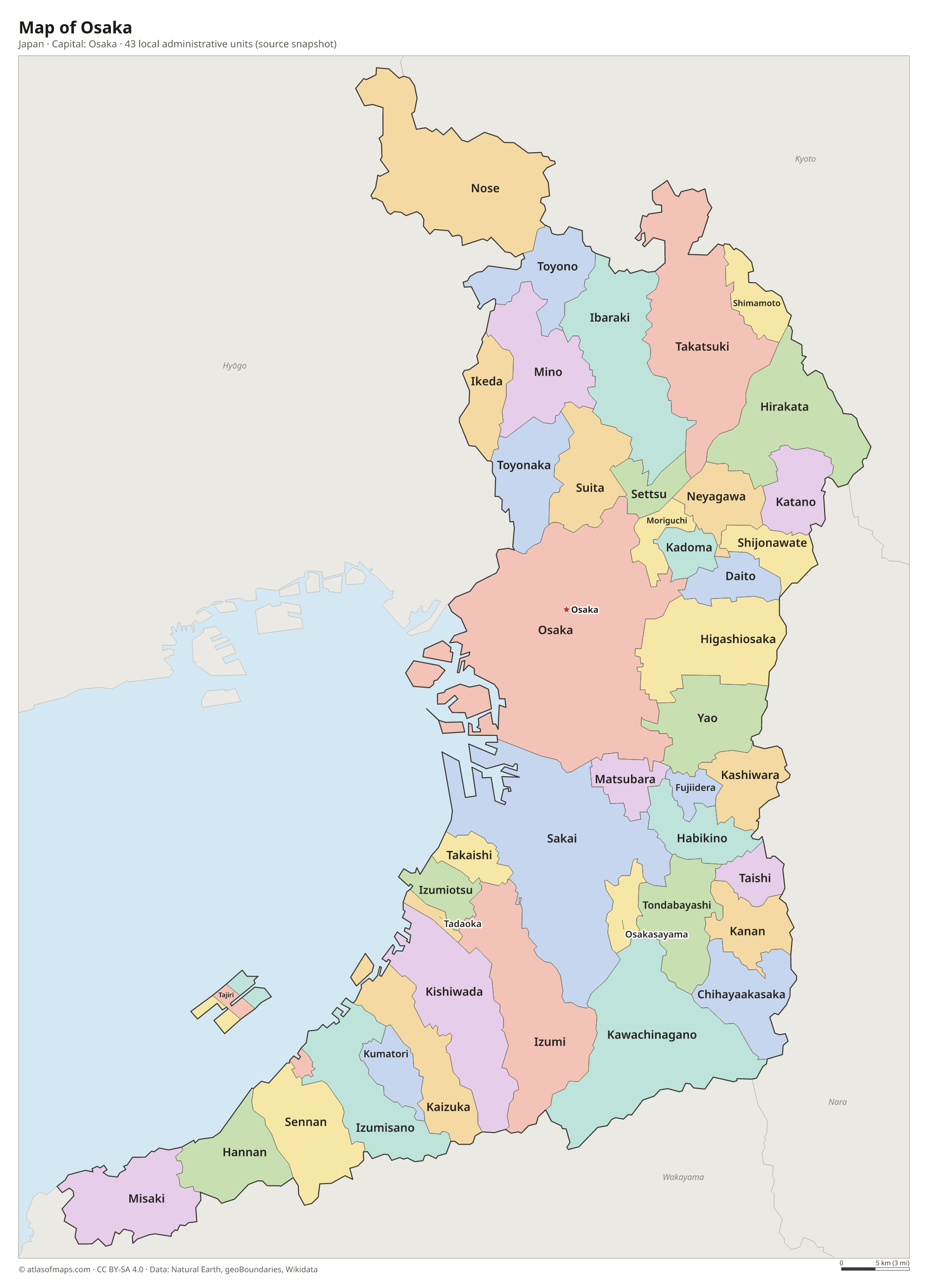 Map of Osaka with the capital Osaka, cities and local administrative units