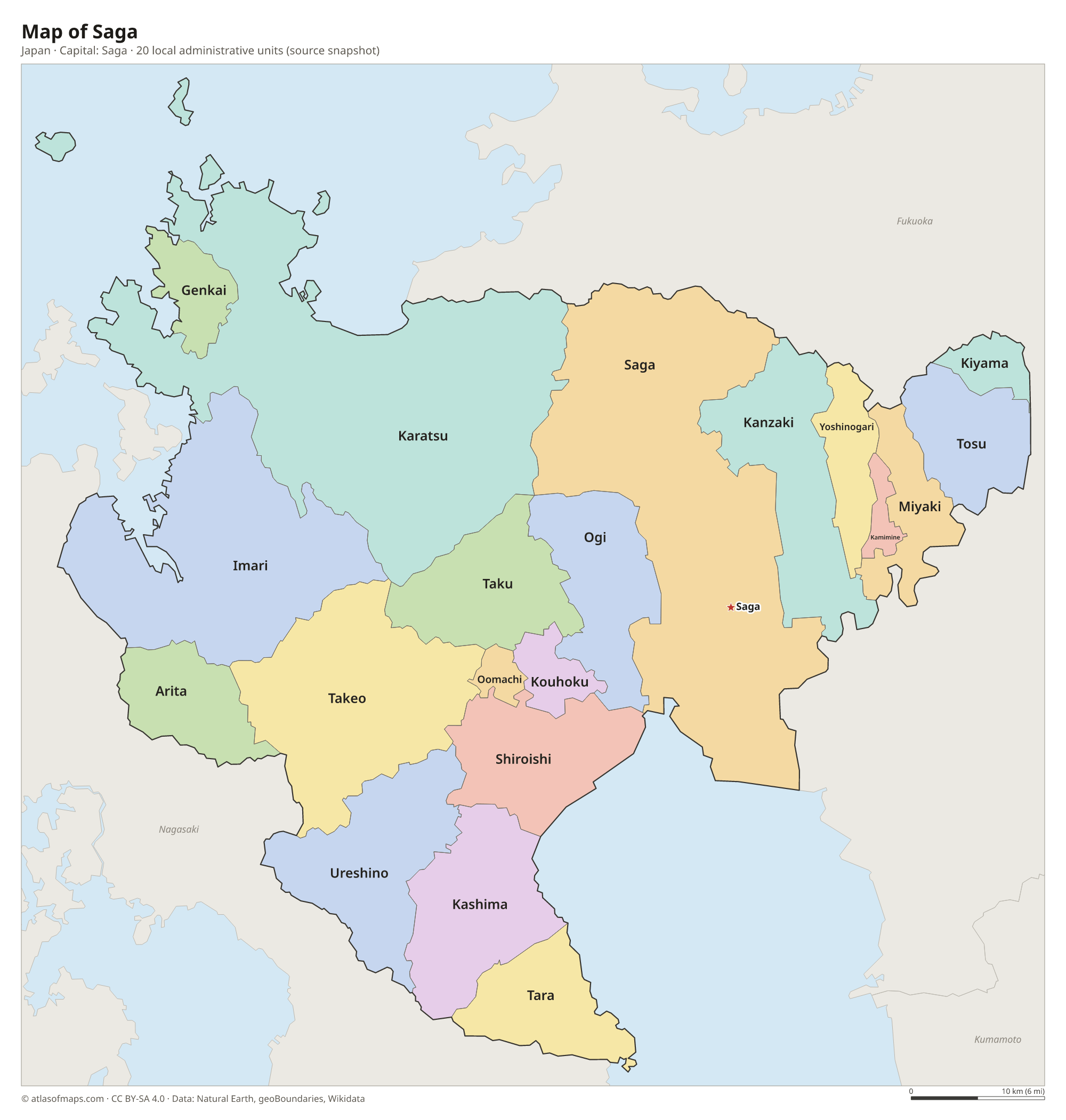 Map of Saga with the capital Saga, cities and local administrative units