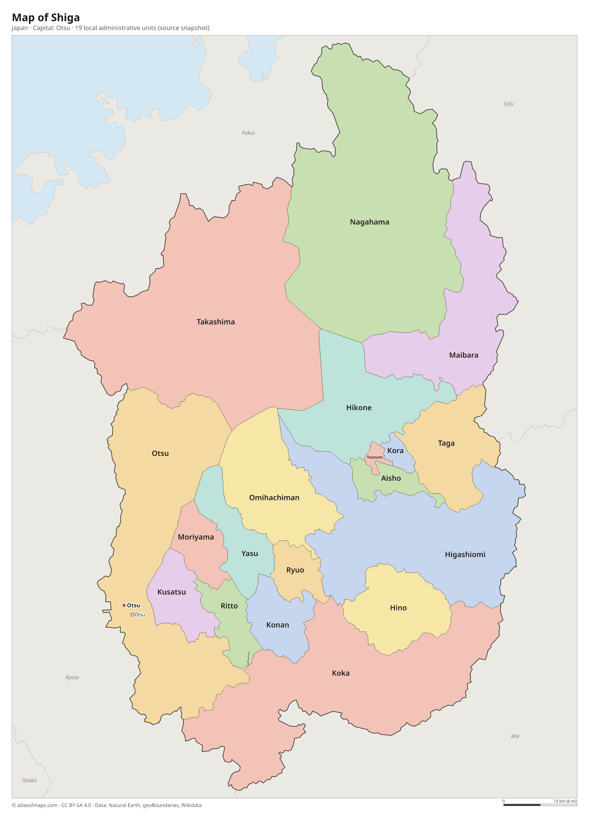 Map of Shiga with the capital Otsu, cities and local administrative units
