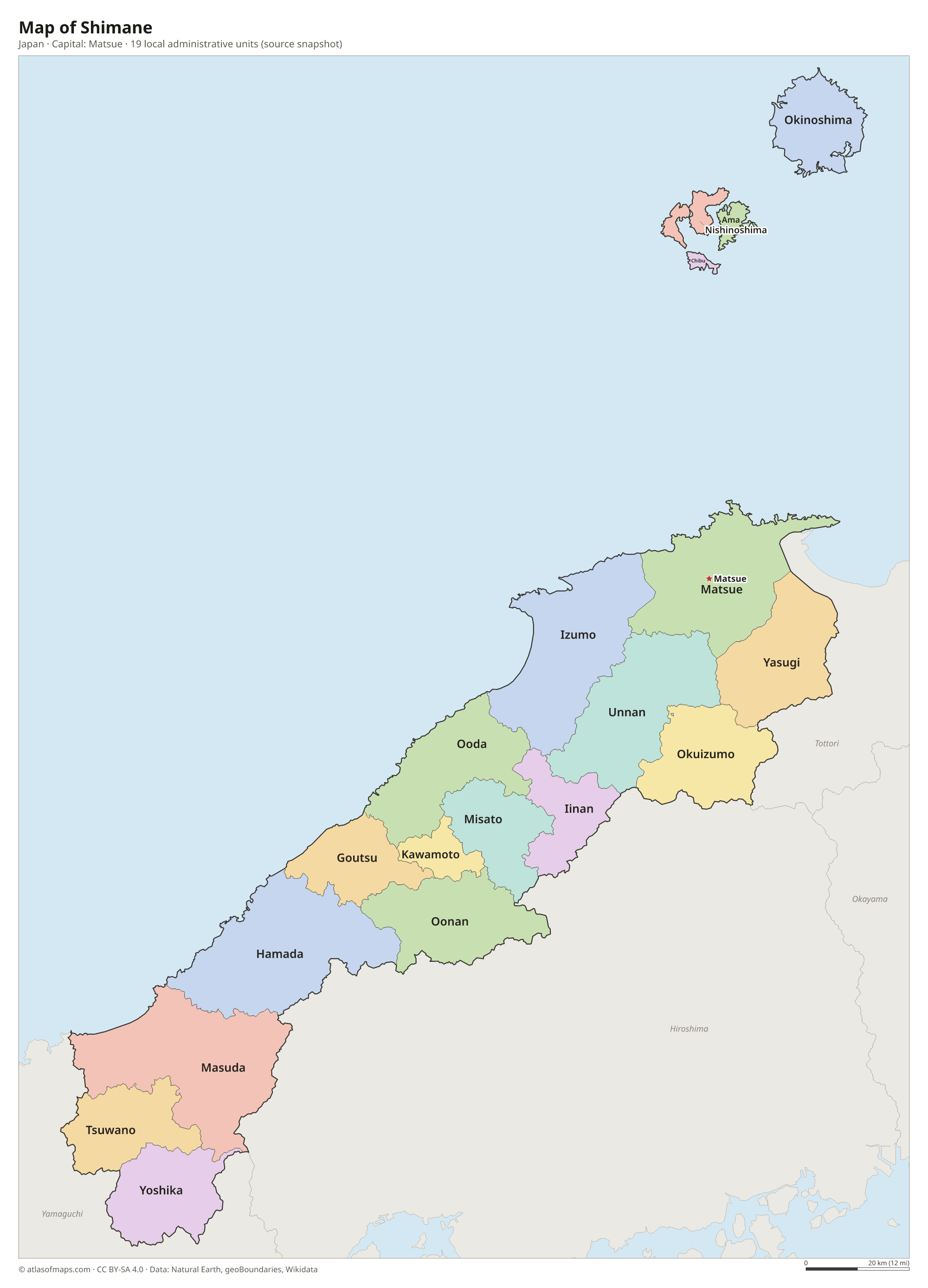Map of Shimane with the capital Matsue, cities and local administrative units