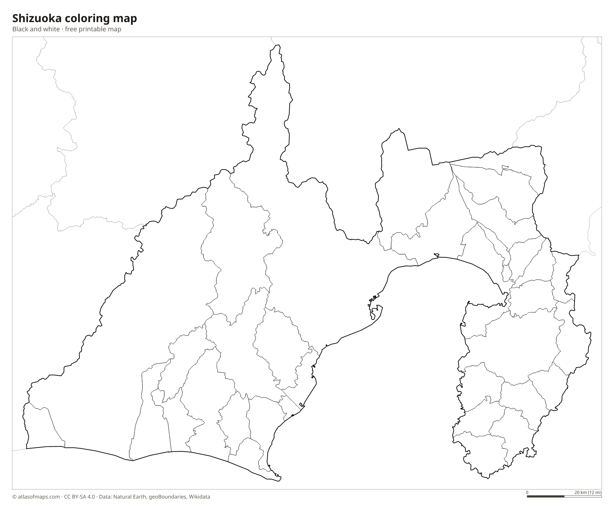 Black-and-white coloring map of Shizuoka