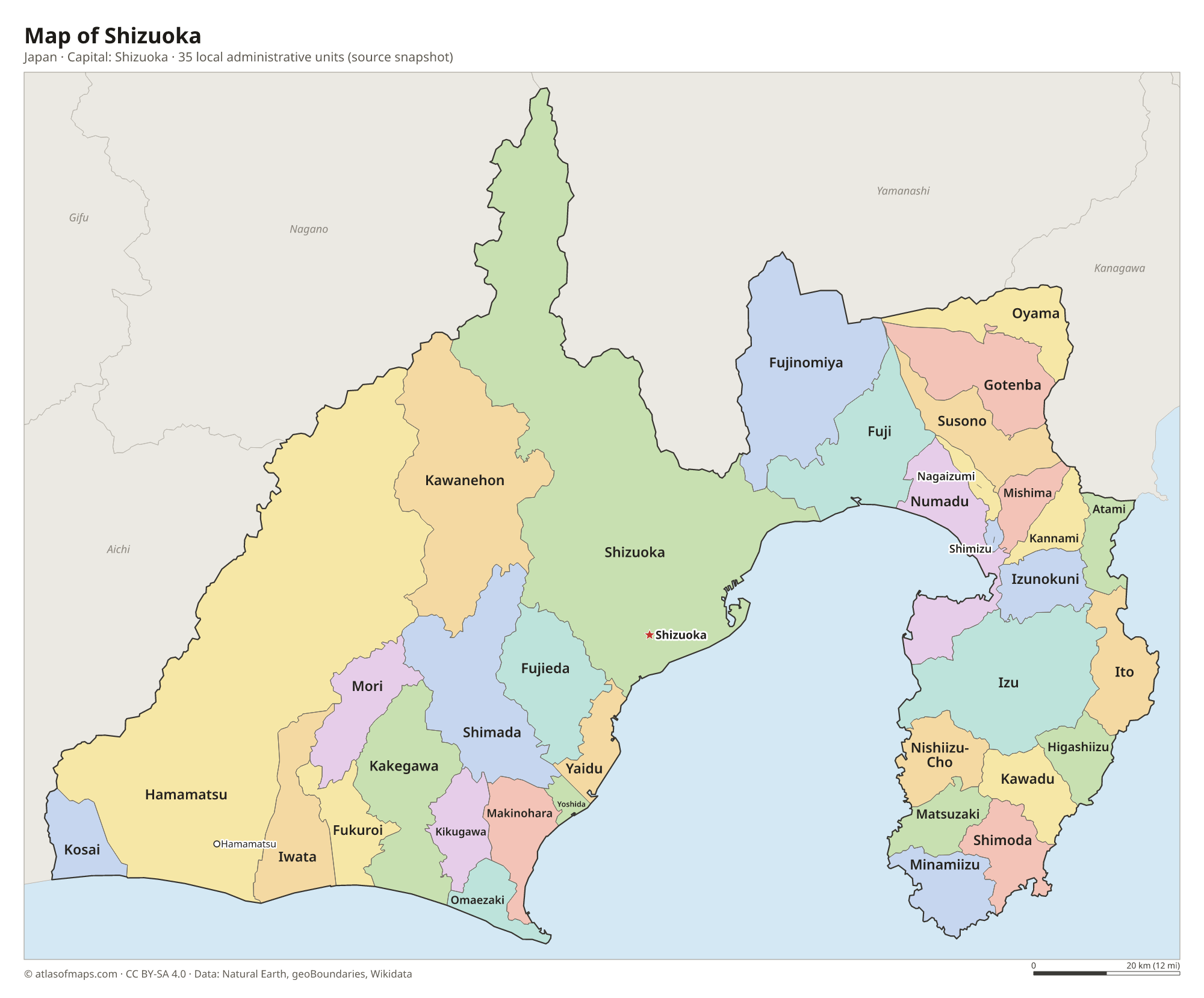 Map of Shizuoka with the capital Shizuoka, cities and local administrative units