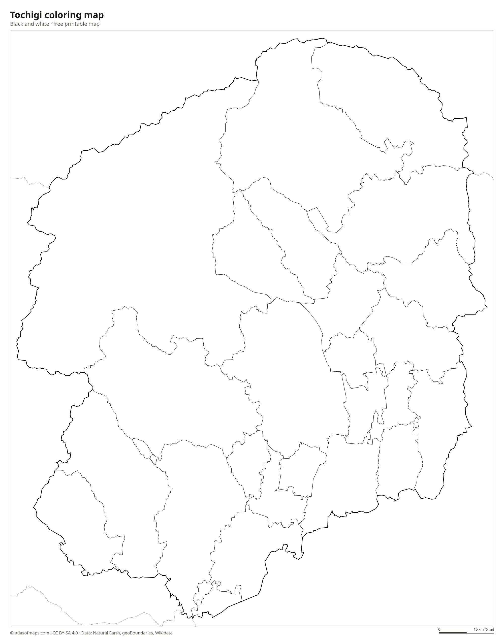 Black-and-white coloring map of Tochigi