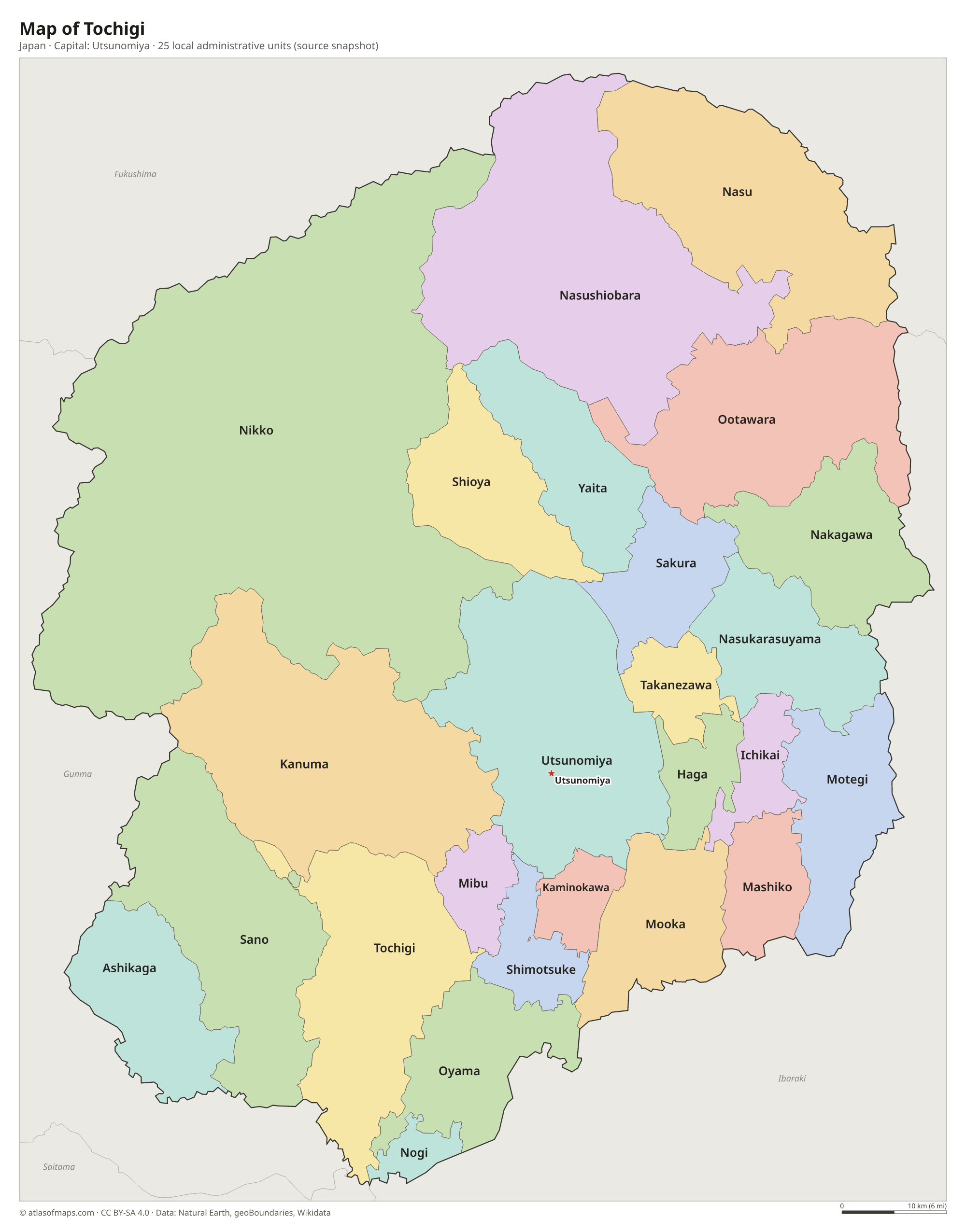 Map of Tochigi with the capital Utsunomiya, cities and local administrative units