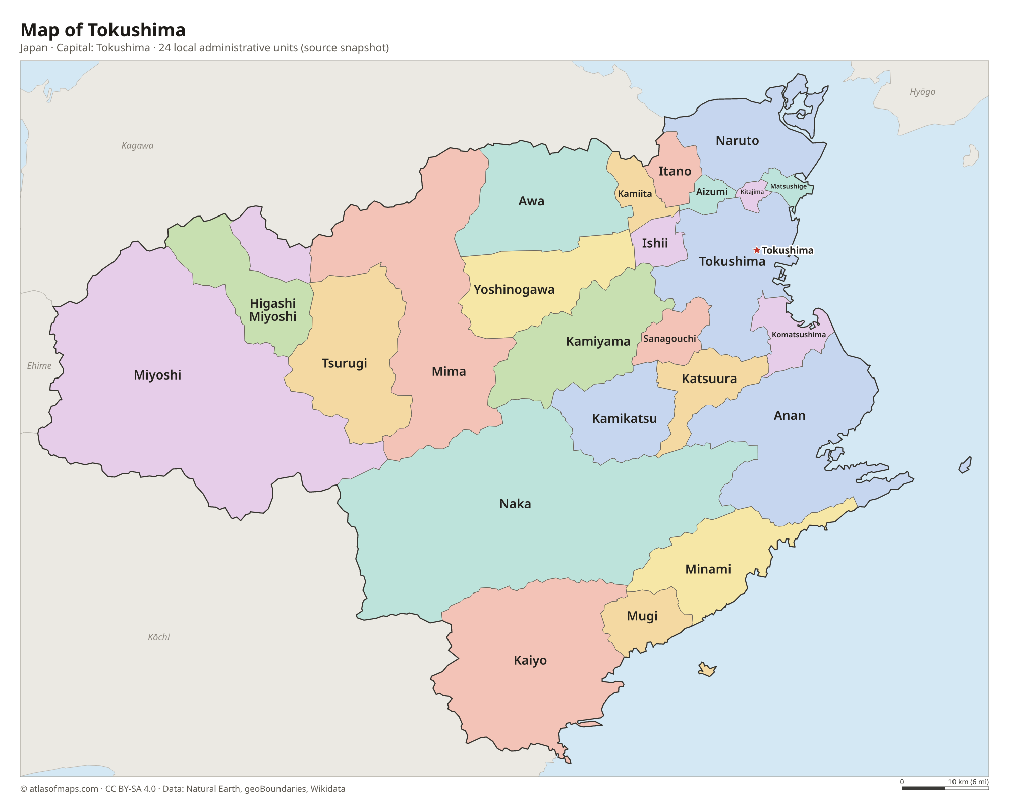 Map of Tokushima with the capital Tokushima, cities and local administrative units