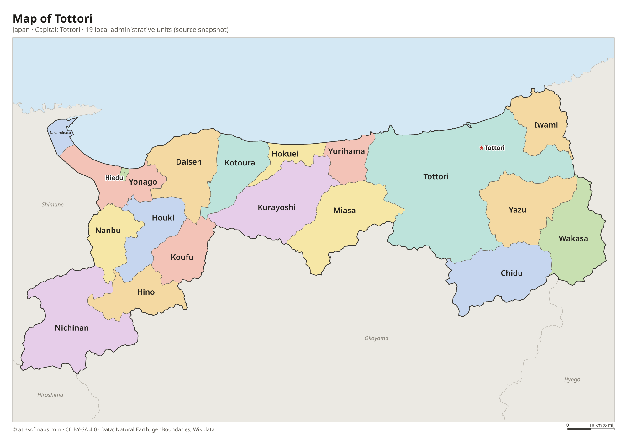 Map of Tottori with the capital Tottori, cities and local administrative units