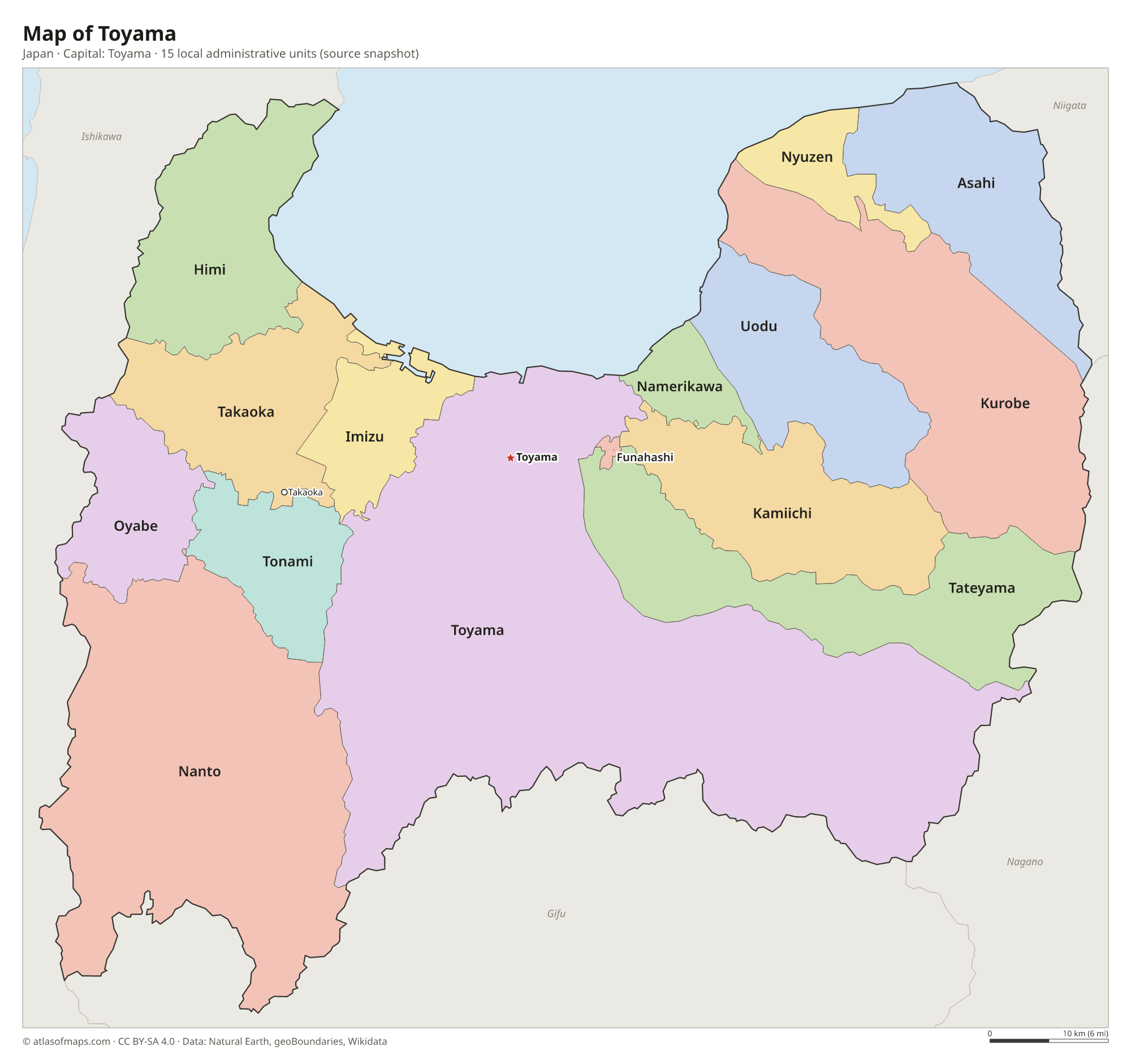 Map of Toyama with the capital Toyama, cities and local administrative units