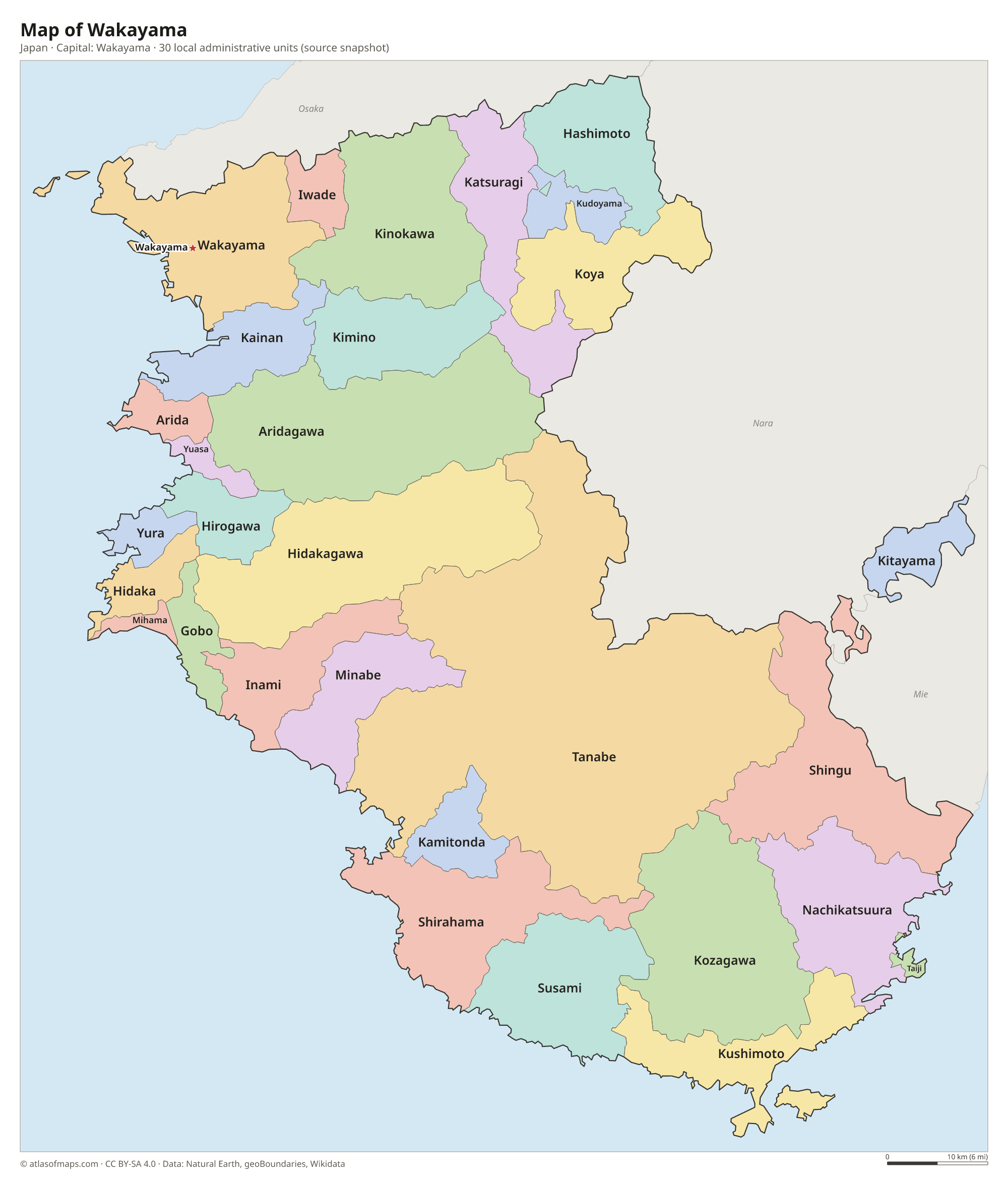 Map of Wakayama with the capital Wakayama, cities and local administrative units