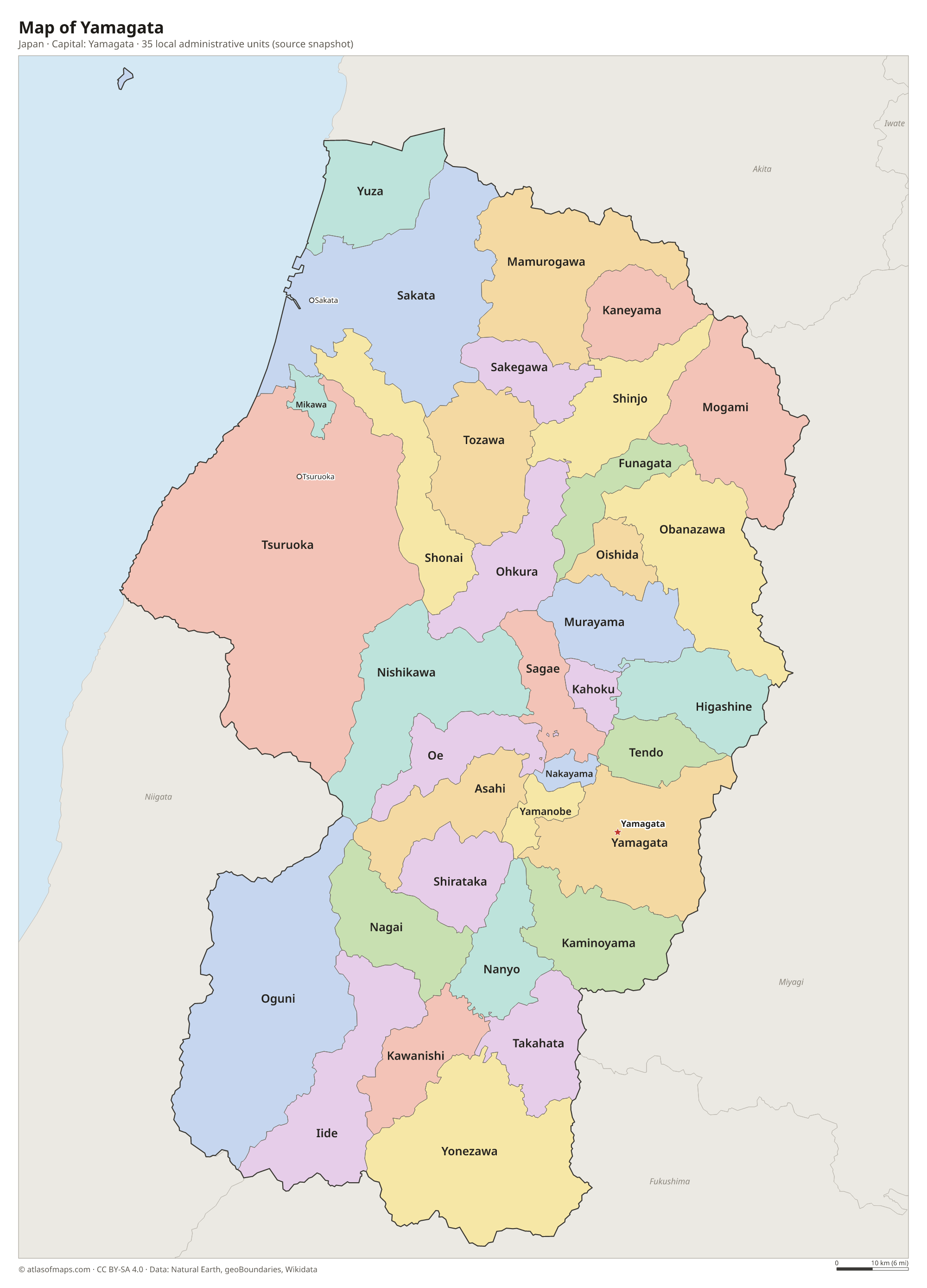 Map of Yamagata with the capital Yamagata, cities and local administrative units