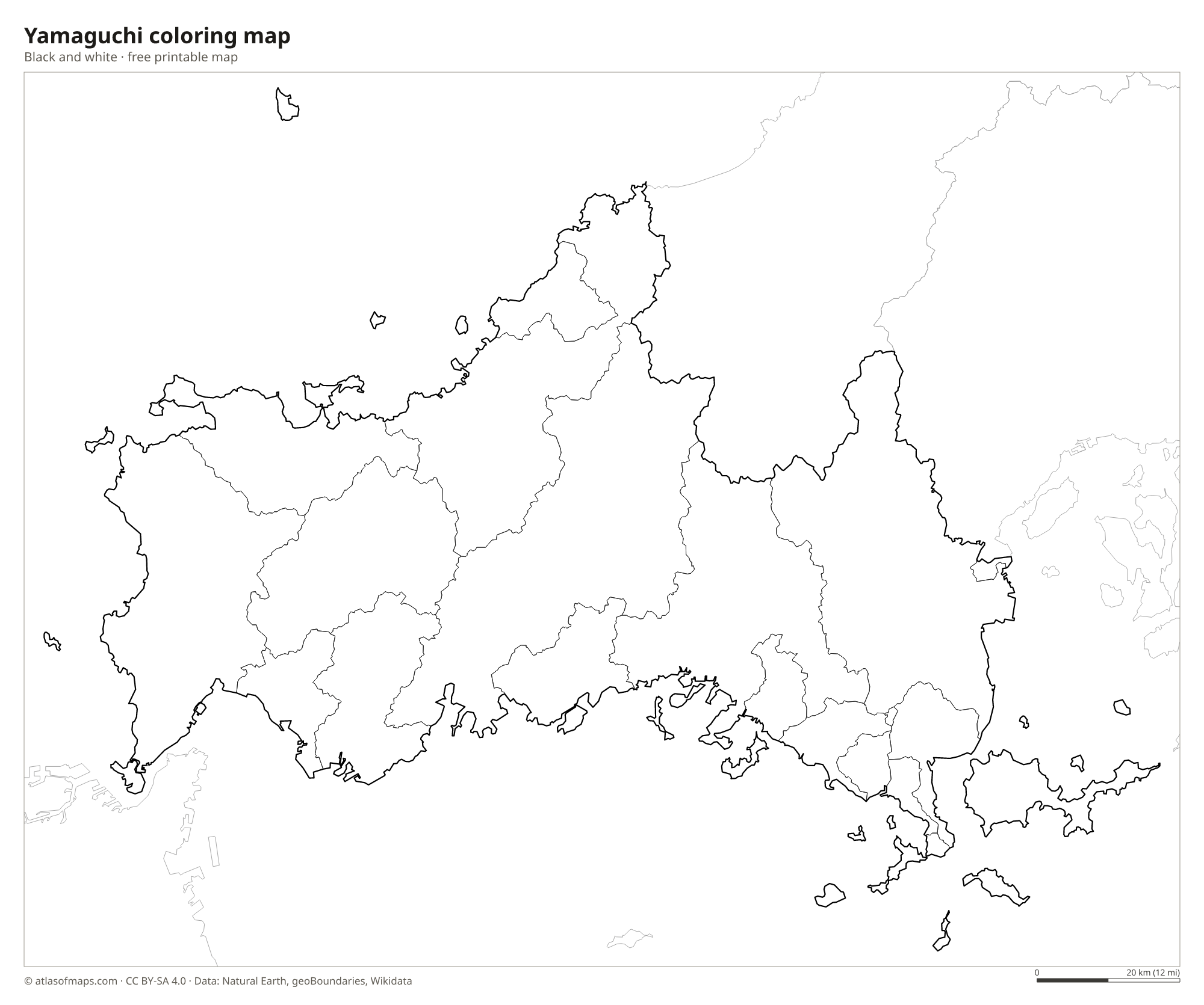 Black-and-white coloring map of Yamaguchi