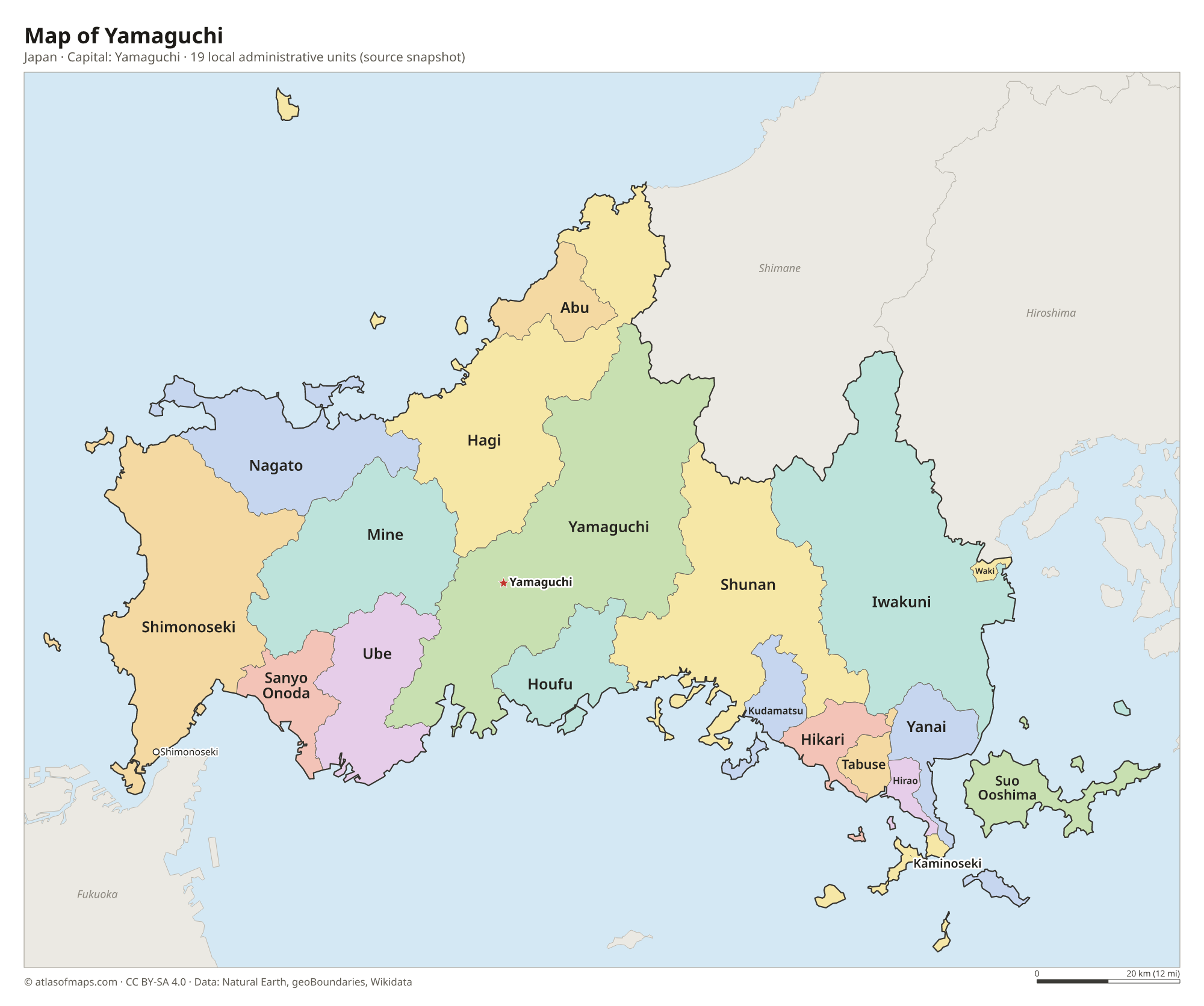 Map of Yamaguchi with the capital Yamaguchi, cities and local administrative units