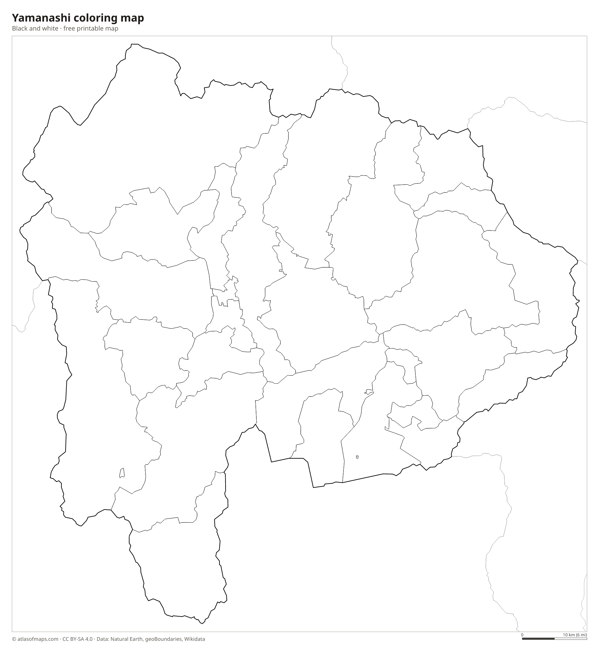 Black-and-white coloring map of Yamanashi