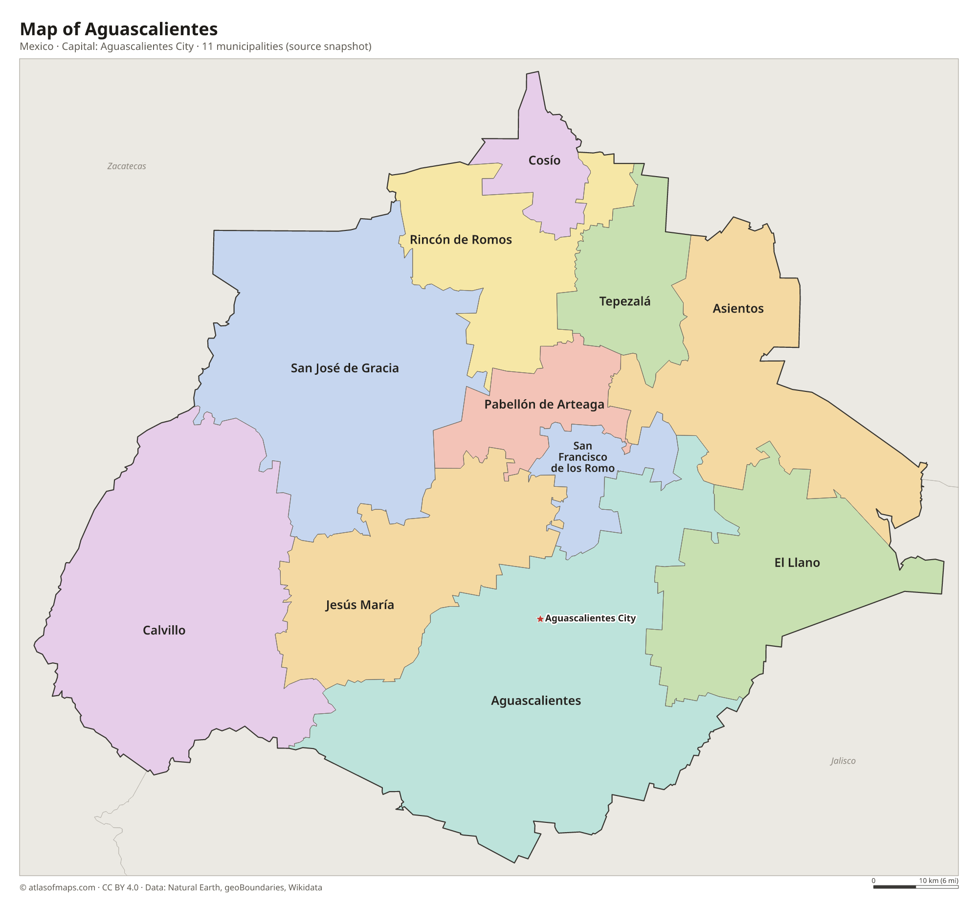 Map of Aguascalientes with the capital Aguascalientes City, cities and municipalities