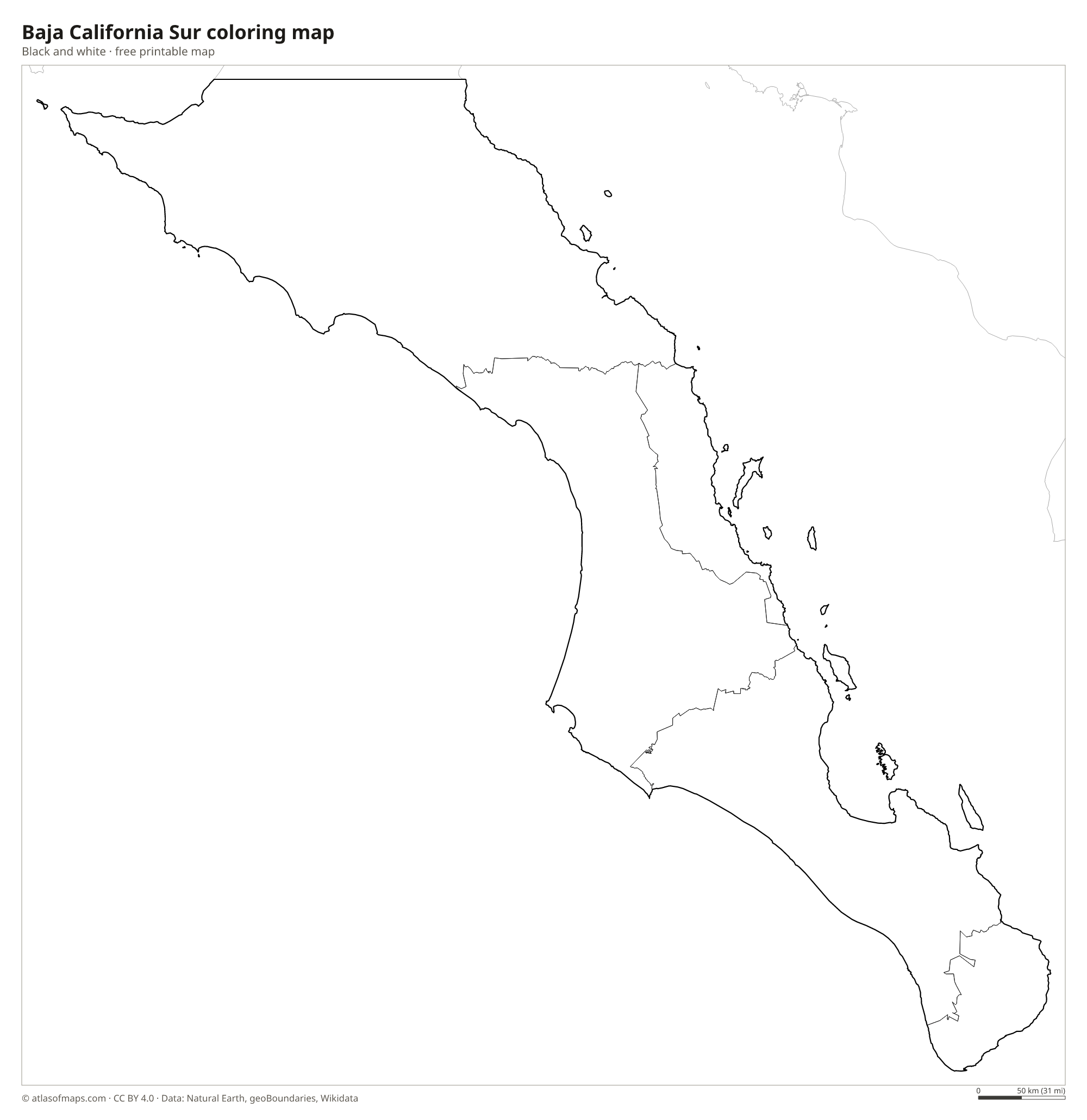 Black-and-white coloring map of Baja California Sur