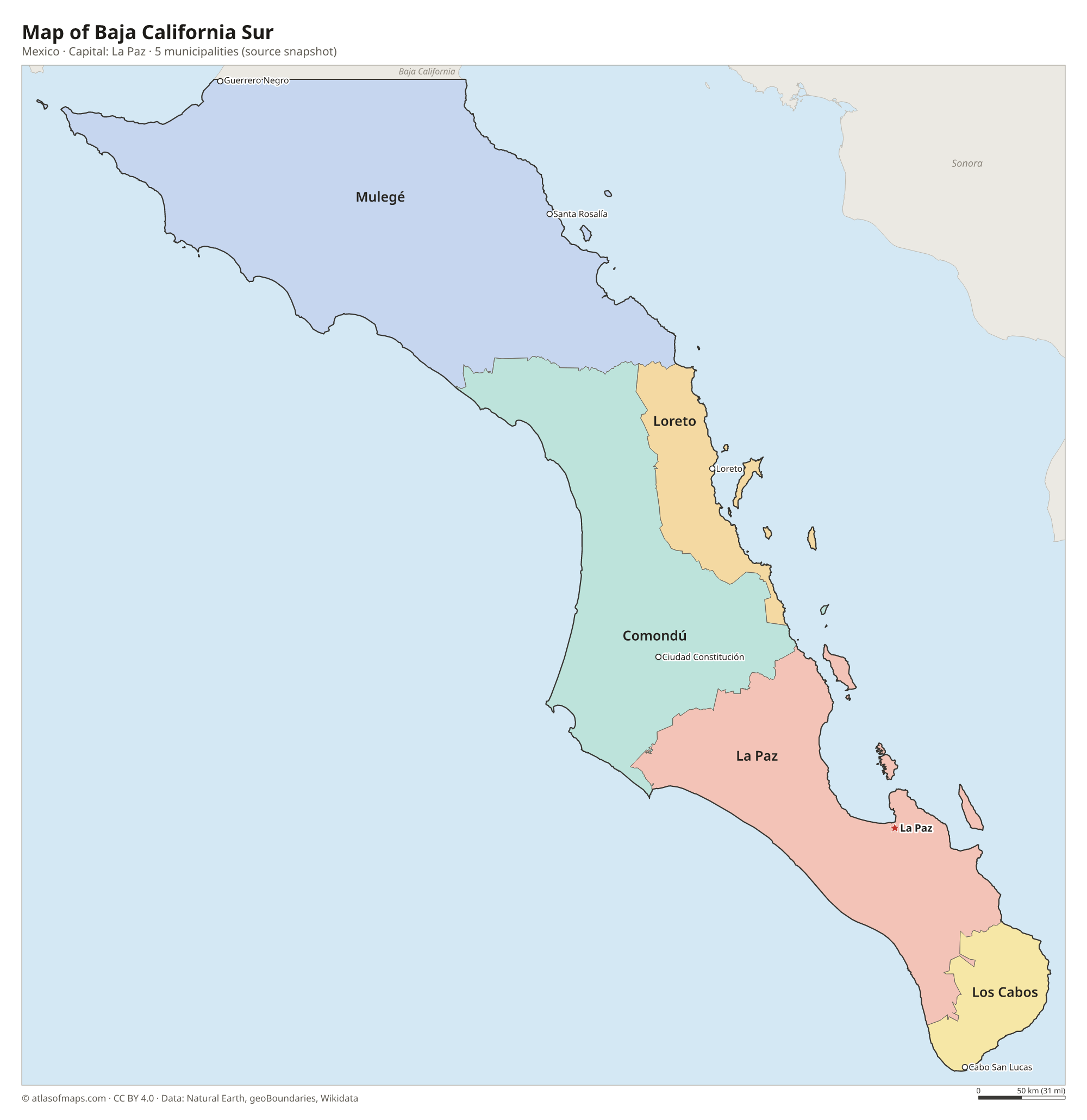 Map of Baja California Sur with the capital La Paz, cities and municipalities