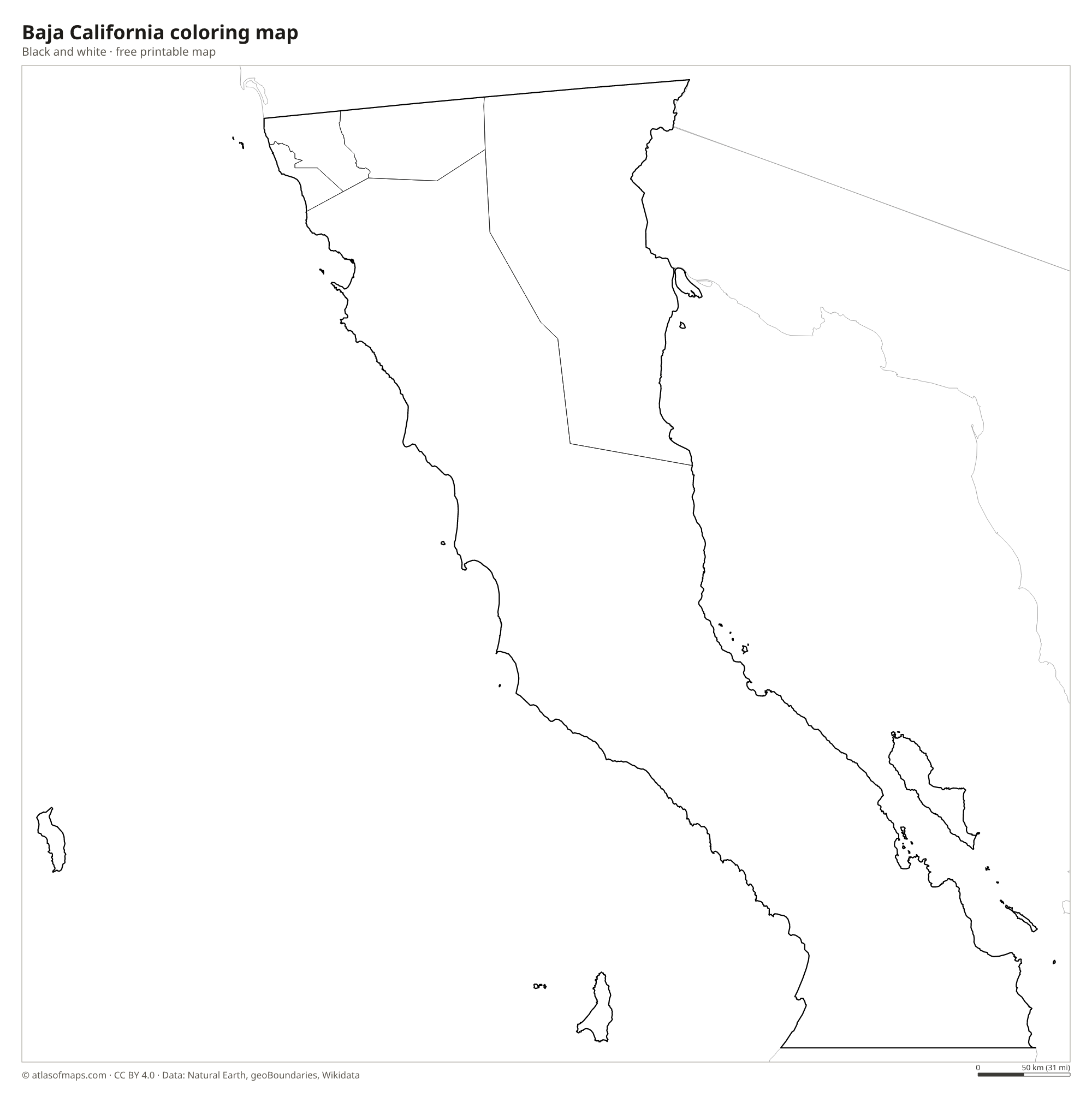 Black-and-white coloring map of Baja California