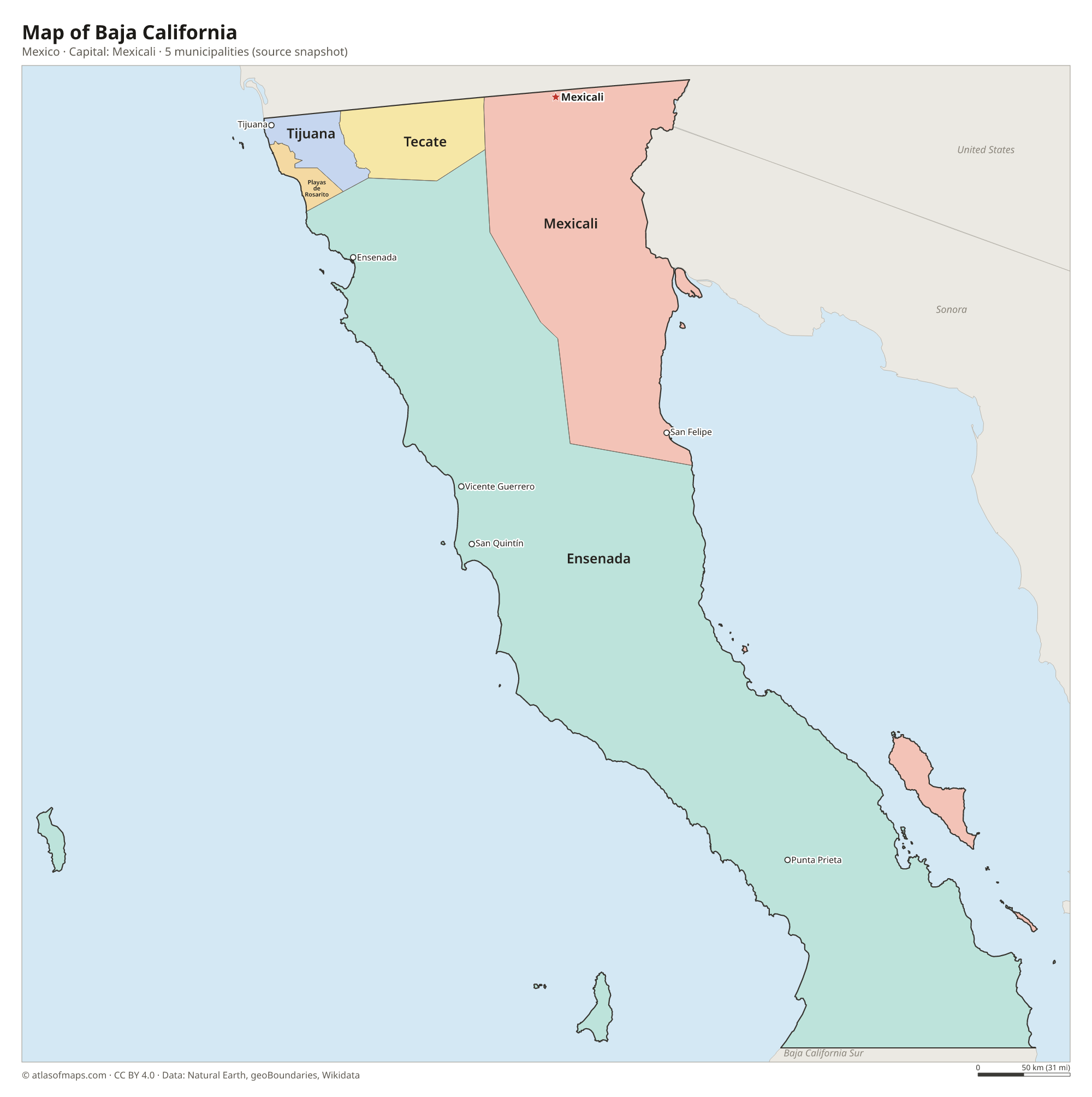 Map of Baja California with the capital Mexicali, cities and municipalities