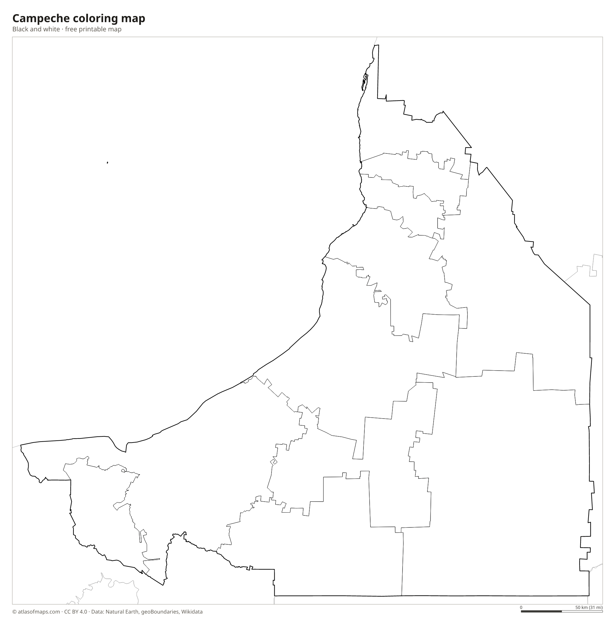 Black-and-white coloring map of Campeche