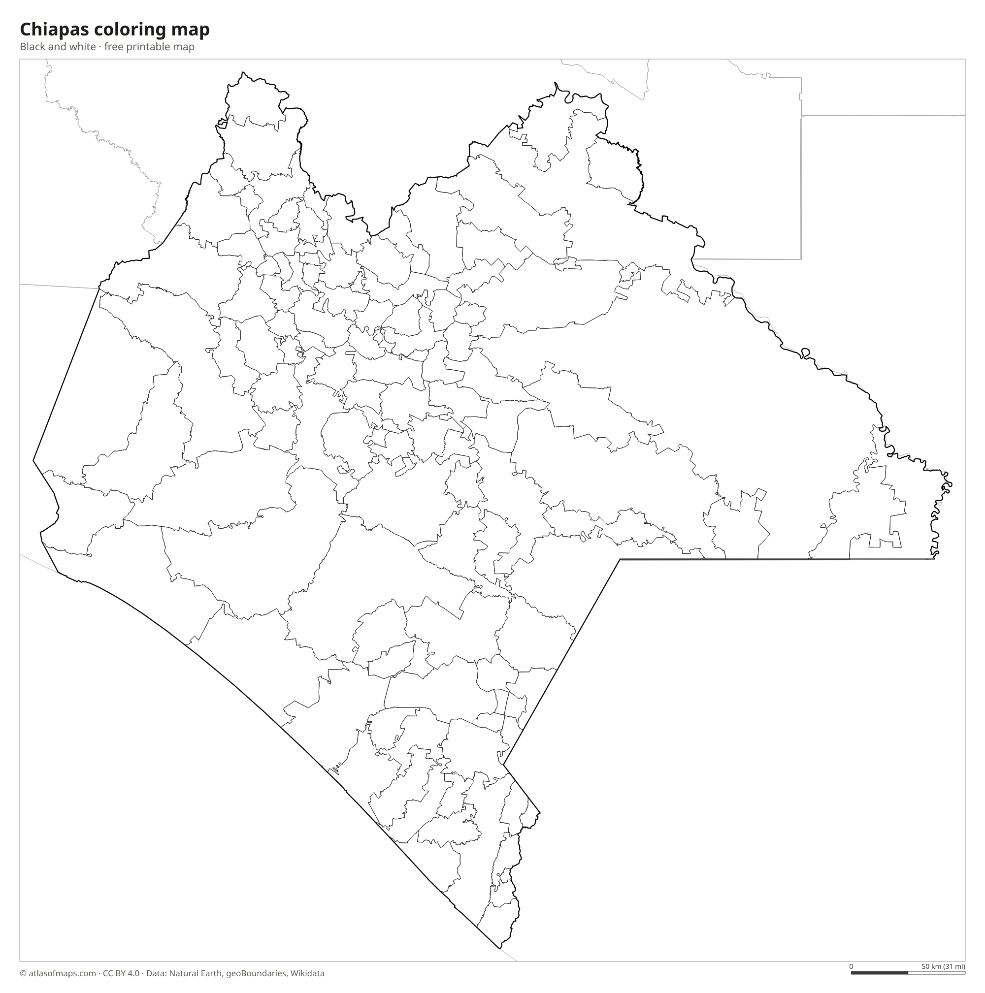 Black-and-white coloring map of Chiapas