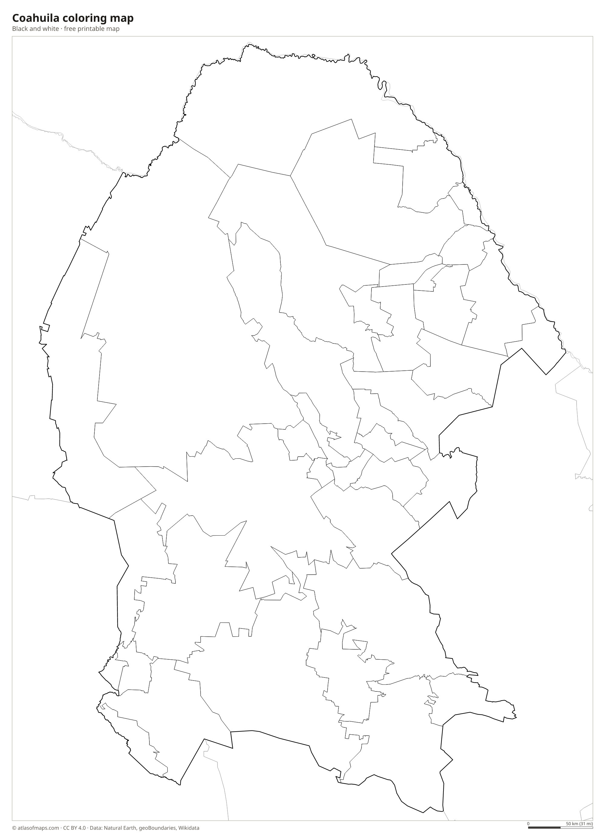 Black-and-white coloring map of Coahuila
