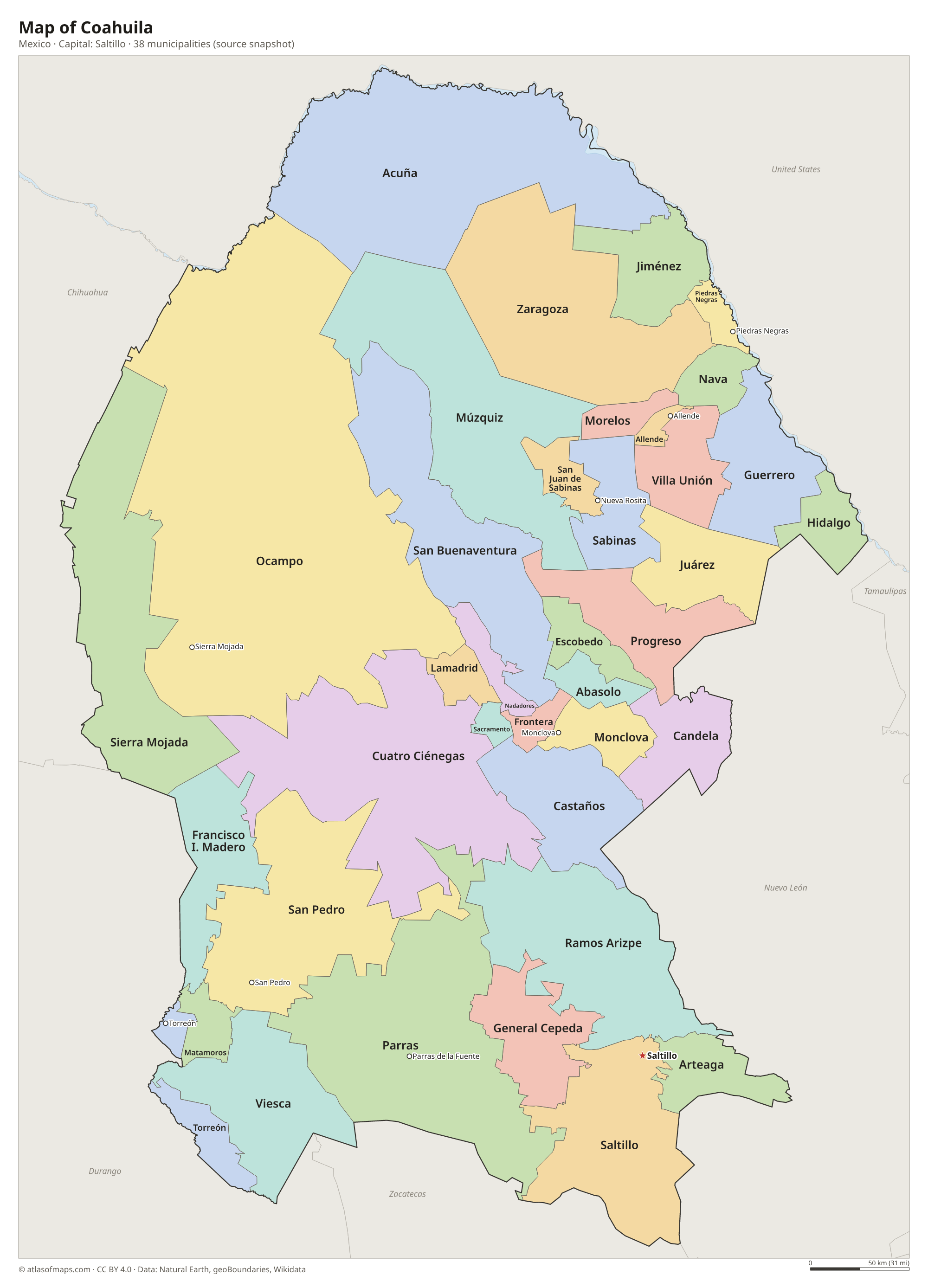 Map of Coahuila with the capital Saltillo, cities and municipalities