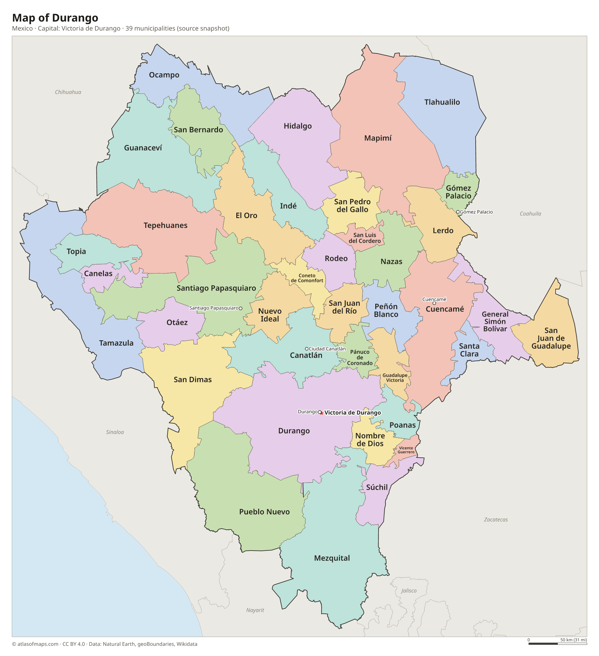 Map of Durango with the capital Victoria de Durango, cities and municipalities
