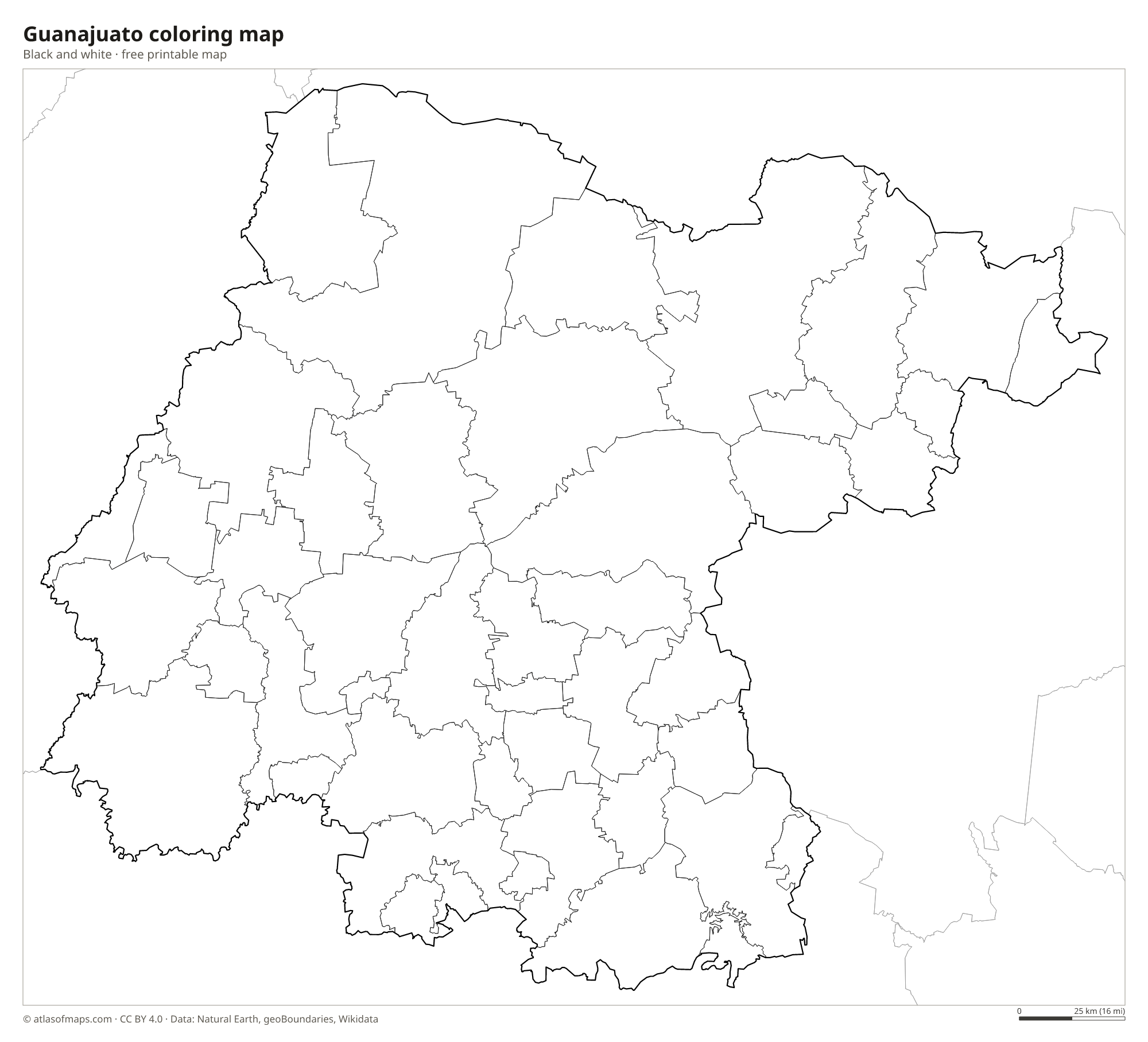 Black-and-white coloring map of Guanajuato